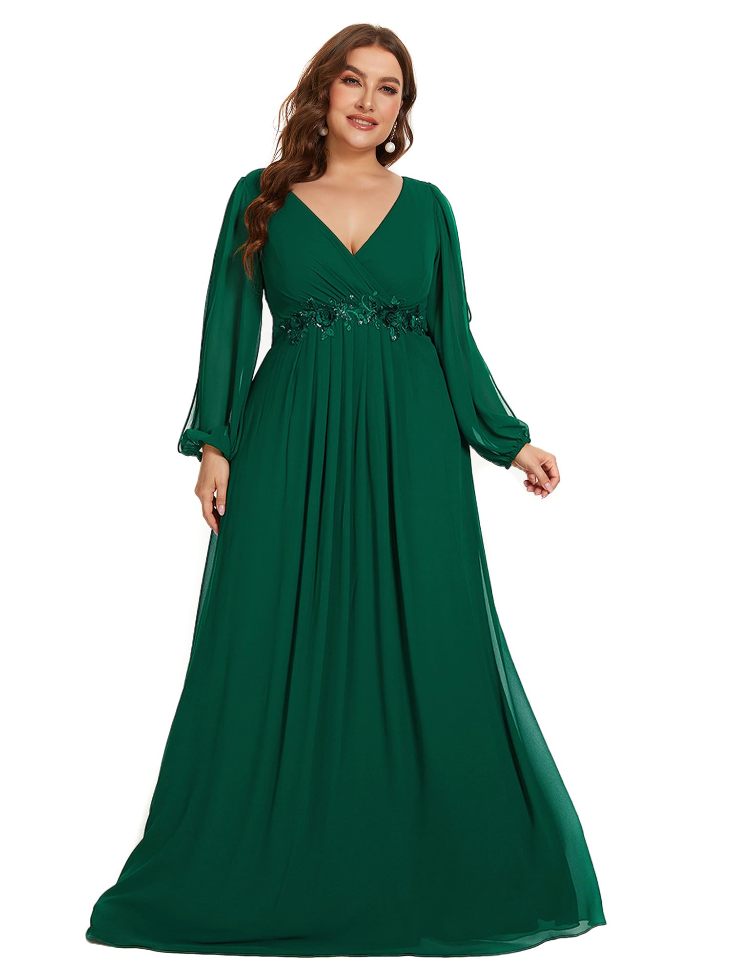 Ever-Pretty Plus Size Women's Formal Dress - V Neck Floor Length Gown with Lantern Sleeves & Floral Applique for Curvy Women | Wedding Guest, Prom, Evening Party, Special Occasion