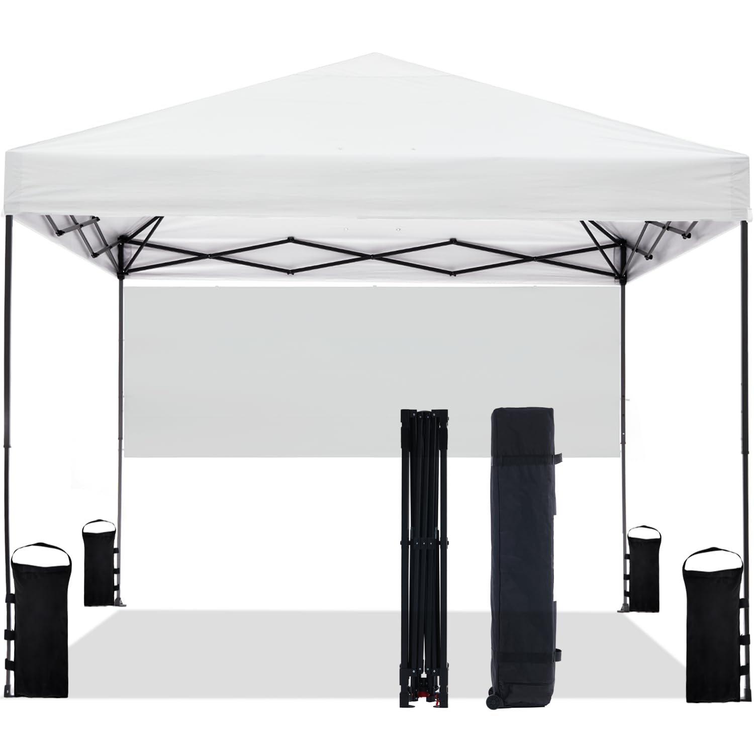 10'x10' Pop Up Canopy Tent with Half Sidewall - Instant Shelter for Outdoor Events, Beach, Camping & Backyard - Includes Carrying Bag, Stakes, 4 Ropes & 4 Sandbags - Easy Setup Portable Canopy (White)