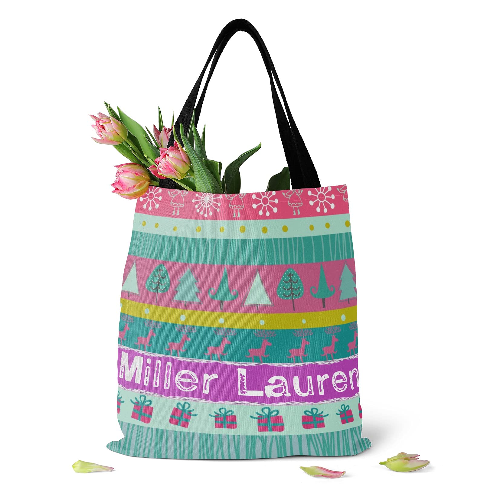 Personalized Name Tote Bag - Christmas Animal Snow Canvas for Shopping & Travel