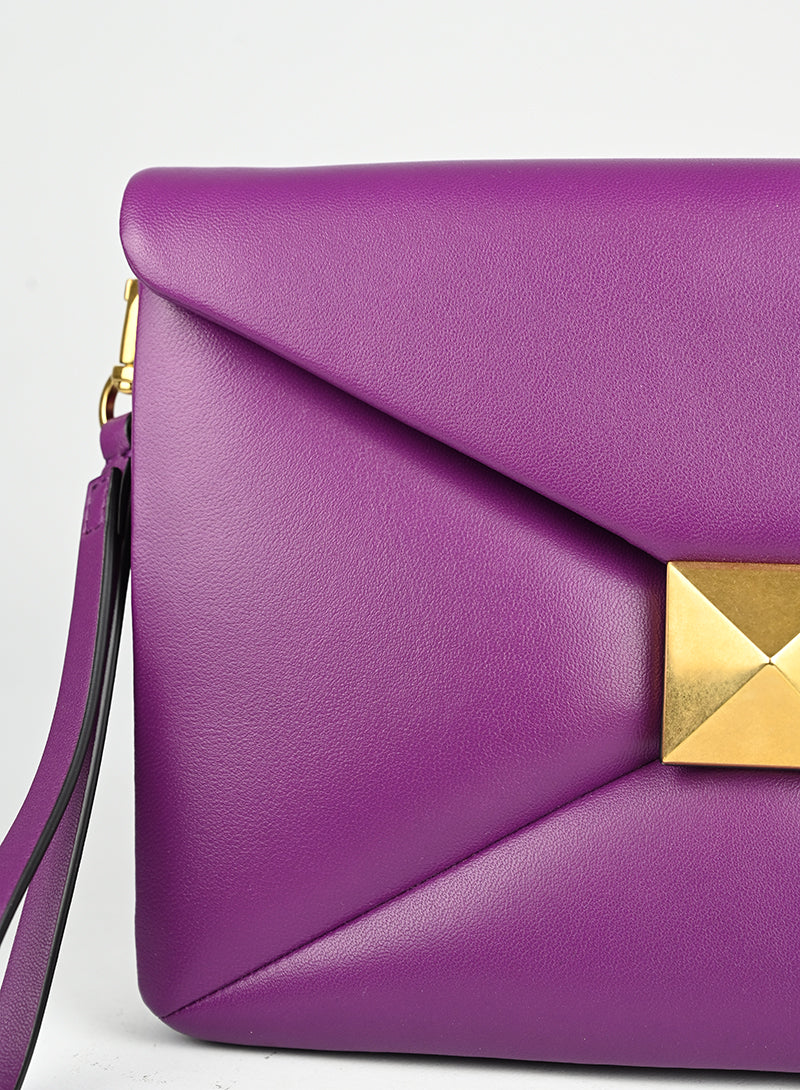 Valentino Leather Clutch Bag with Roman Studs in Purple - Perfect for Evening Parties & Special Occasions