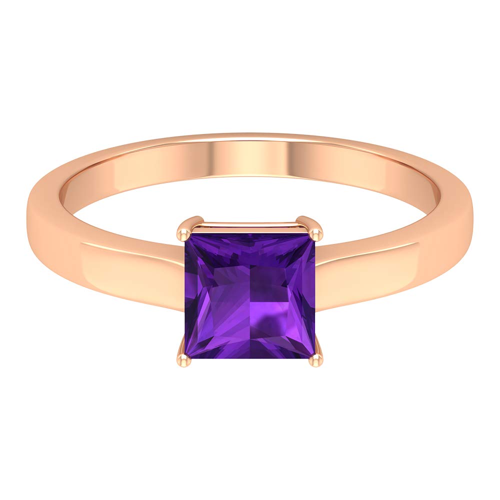 1 CT Natural Violet Amethyst Ring for Women - 6mm Princess Cut Solitaire Ring in 14K Solid Gold - February Birthstone Jewelry - Perfect for Valentine's Day, Anniversary & Special Occasion Gifts