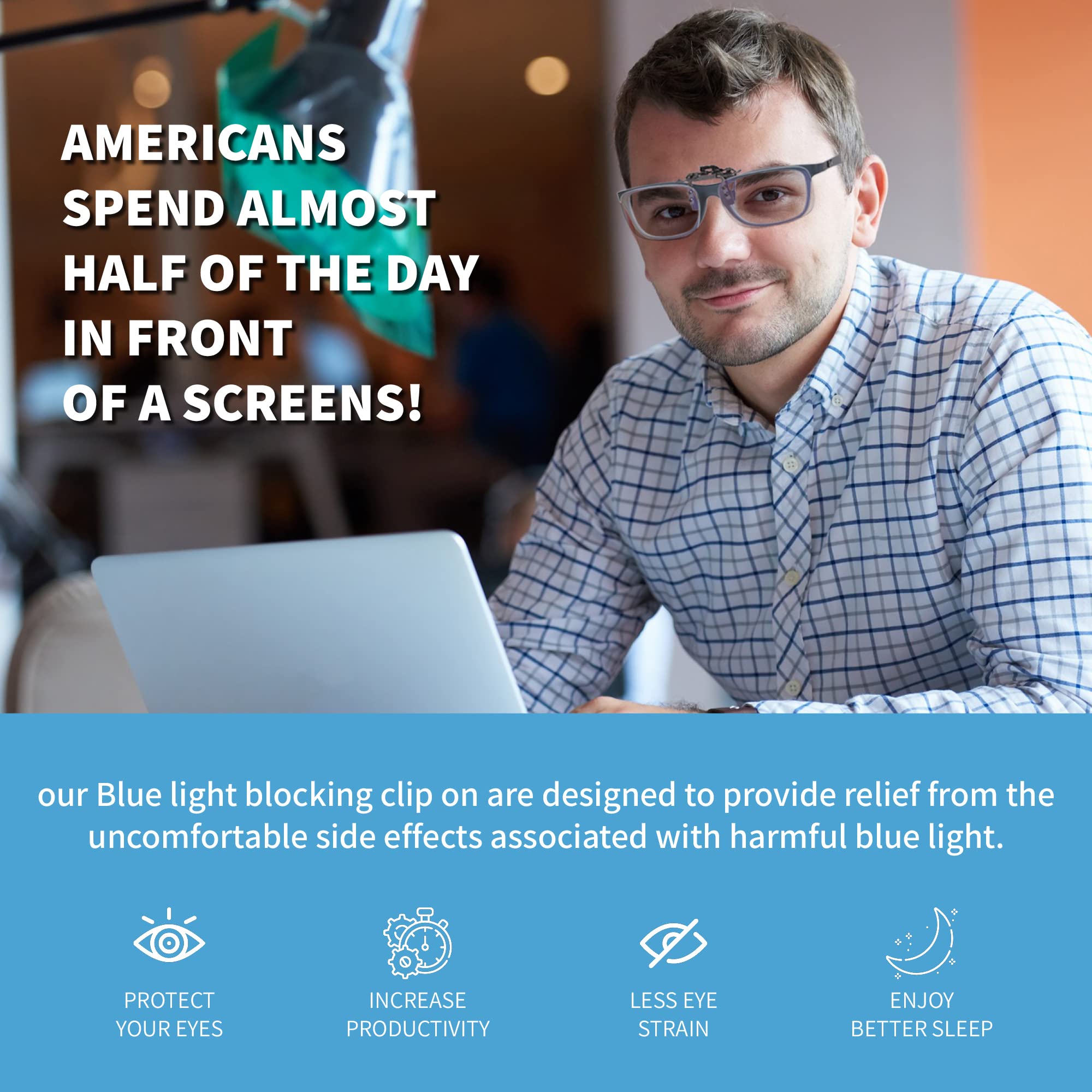 Blue Light Blocking Clip On Glasses for Computer & Gaming - Flip-Up Anti Eye Strain Glasses - Digital Eye Protection for Screen Time - Perfect for Office Work, Video Gaming & Nighttime Reading