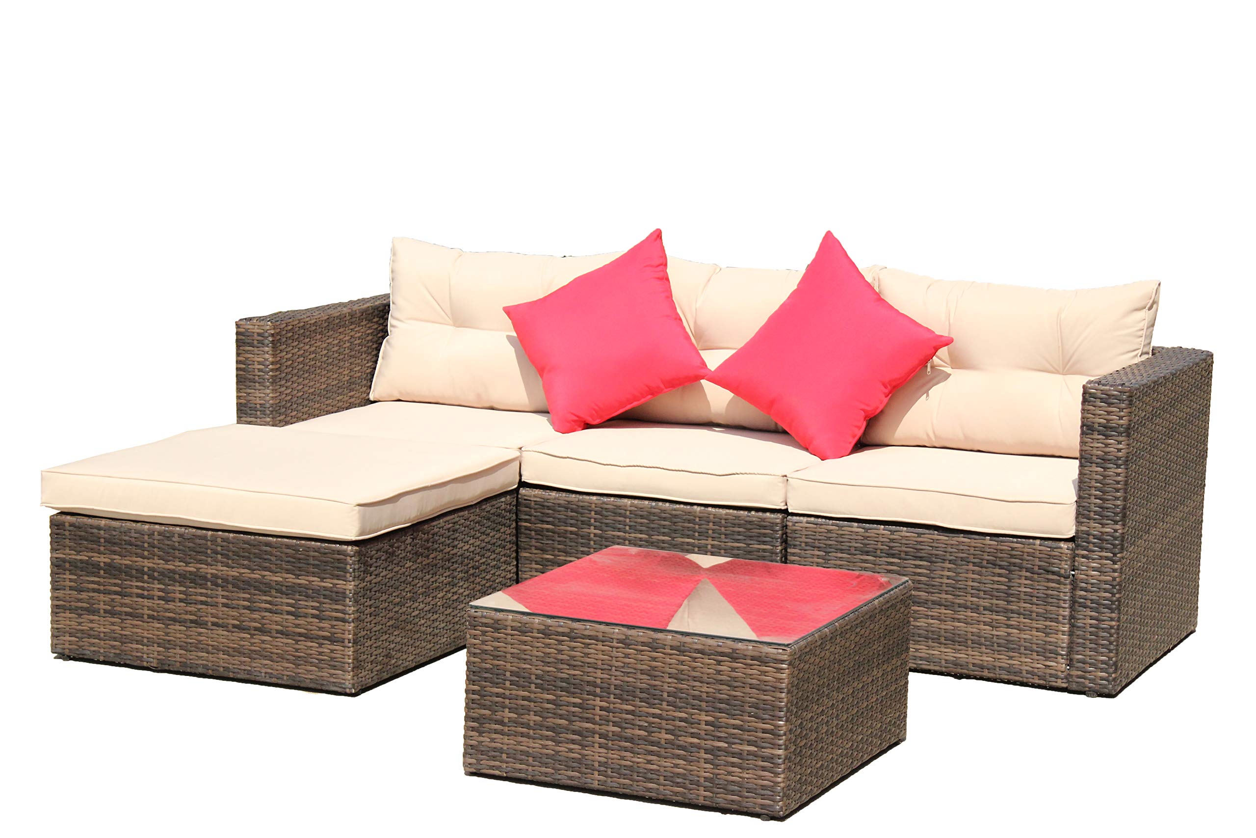 5-Piece PE Rattan Patio Furniture Set with Ottoman & Coffee Table - Outdoor Conversation Set for 4-5 People, Weather-Resistant Garden, Poolside, Porch, Backyard, Balcony Lounge Furniture - Perfect for Relaxing, Entertaining & Coffee Mornings