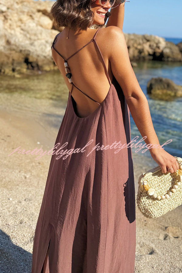 Sunny Beach Straps Beaded Backless Slit Maxi Dress - Boho Chic Summer Dress for Vacations, Weddings & Beach Parties