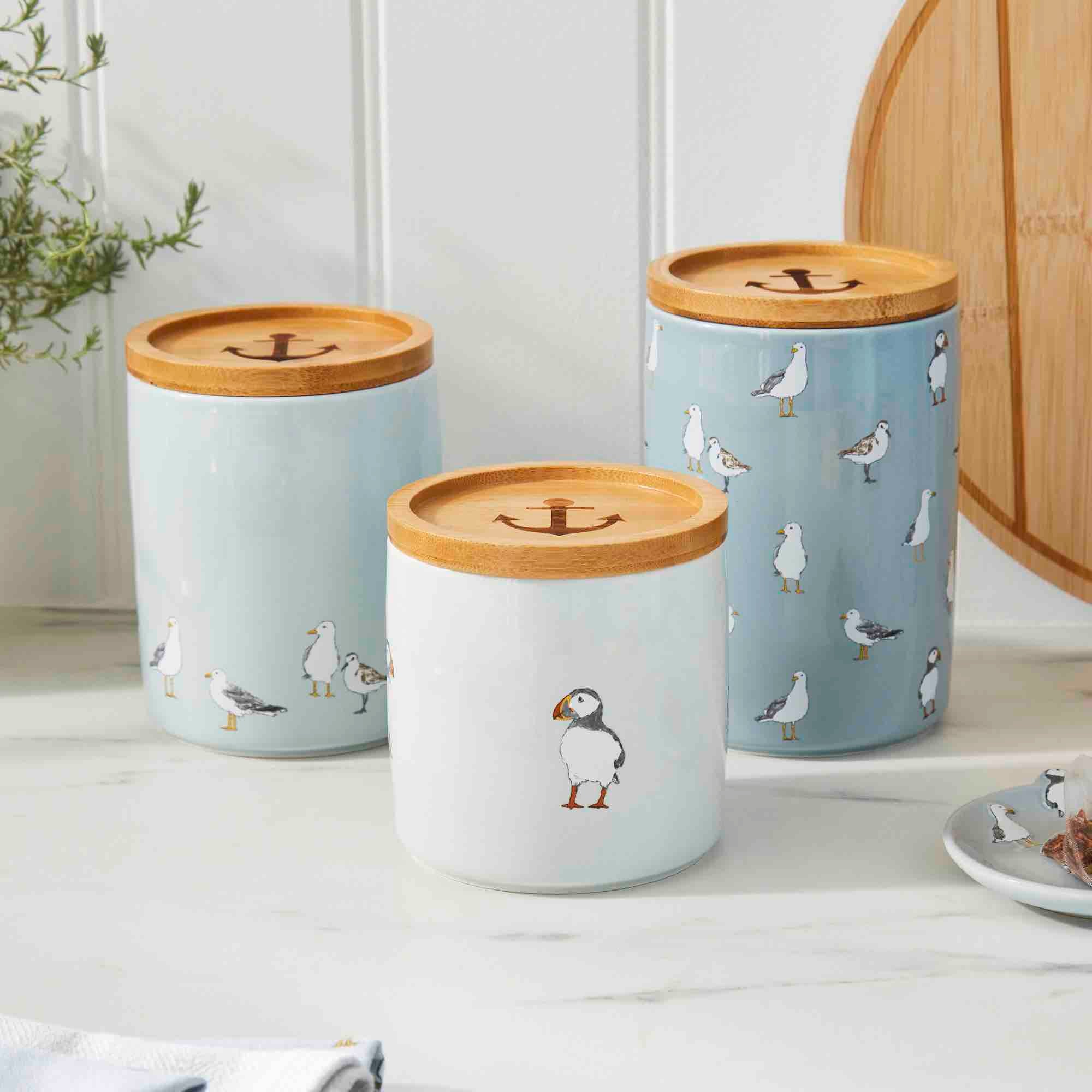 Coastal Birds Medium Ceramic Canister Set - Aesthetic Kitchen Storage for Flour, Sugar & Coffee - Perfect for Beach House Decor & Coastal-Themed Kitchens