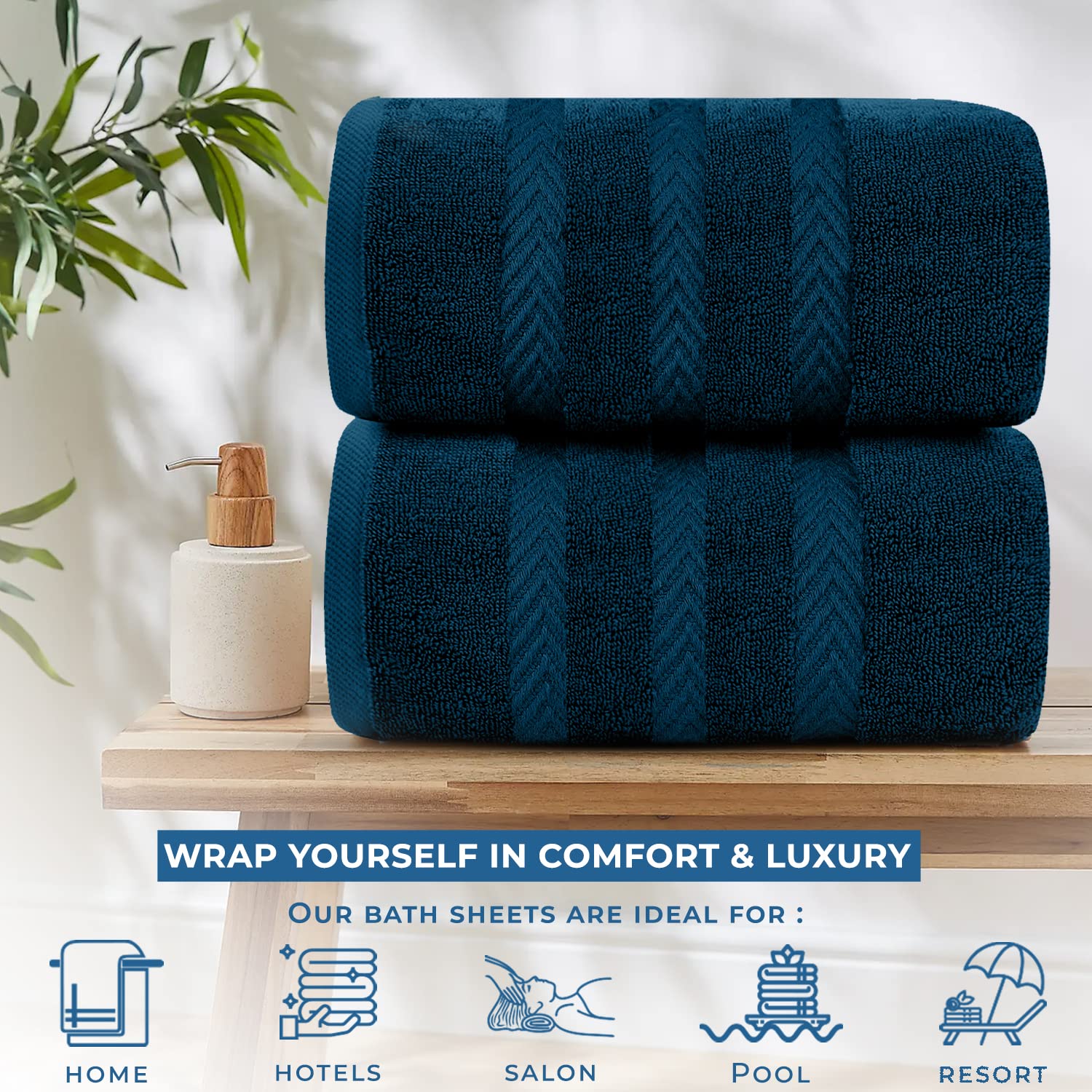 DAN RIVER 2-Pack Oversized Bath Sheets 35x70 Inches - Extra Large, Absorbent, Quick Dry Towels in Blue Opal for Spa, Bathroom, and Beach Use