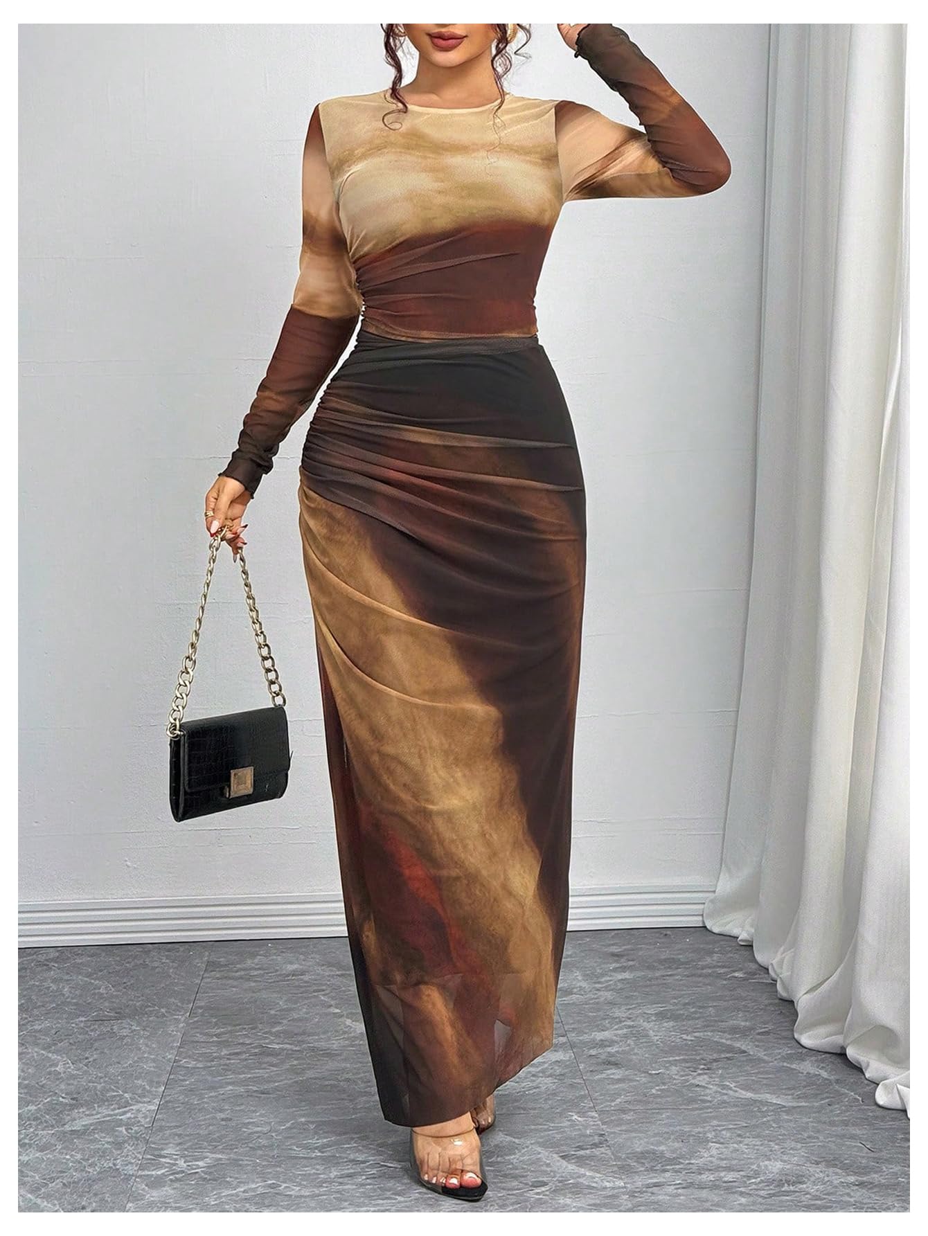 Women's Tie Dye Ruched Long Sleeve Bodycon Maxi Dress - Slim Fit Mesh Party Dress for Night Out, Date Night & Summer Vacation