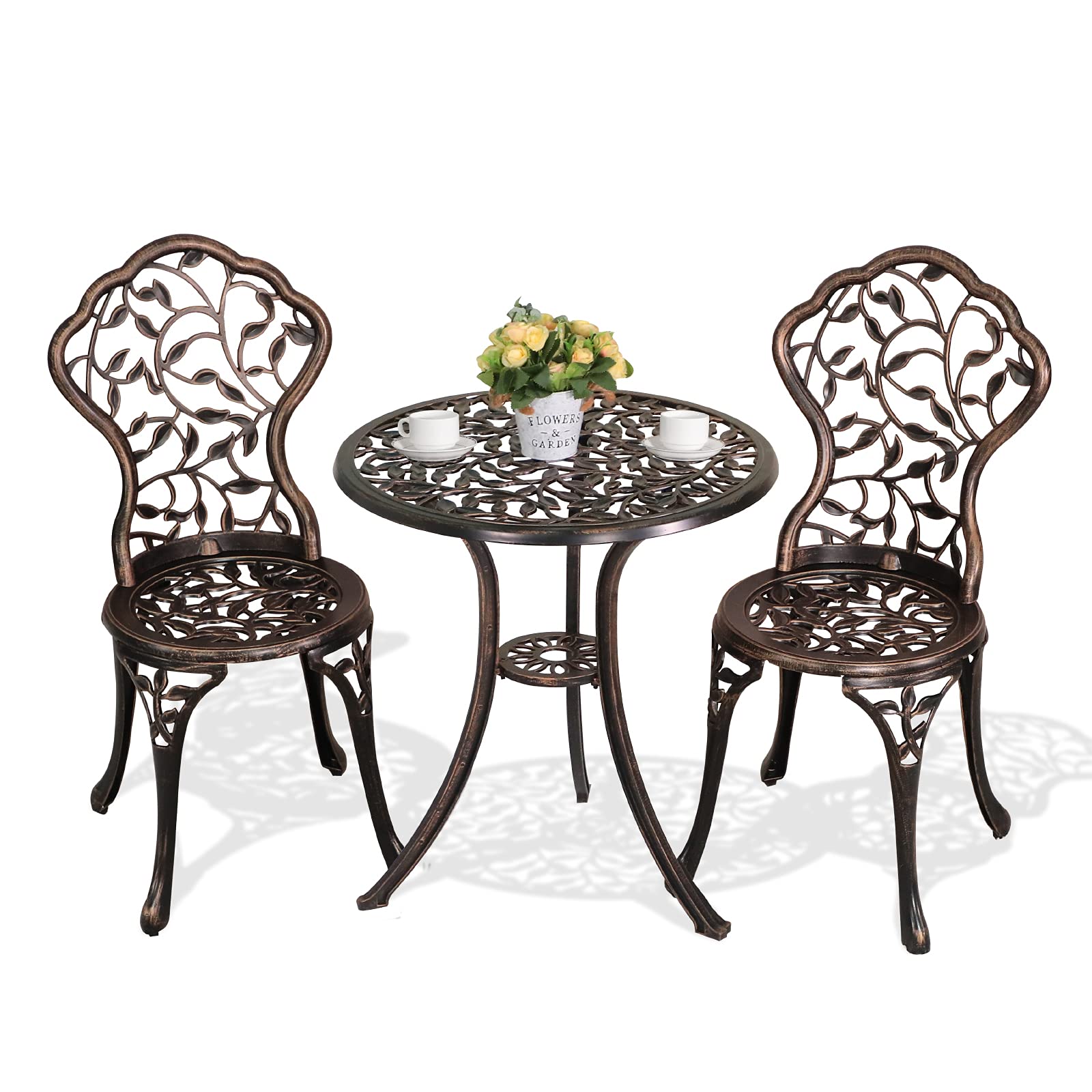 Patiorama 3-Piece Outdoor Bistro Set - Cast Aluminum Patio Furniture with Rust-Resistant All-Weather Design, Decorative Leaf Pattern & Antique Copper Finish - Perfect for Garden, Balcony or Backyard Relaxation