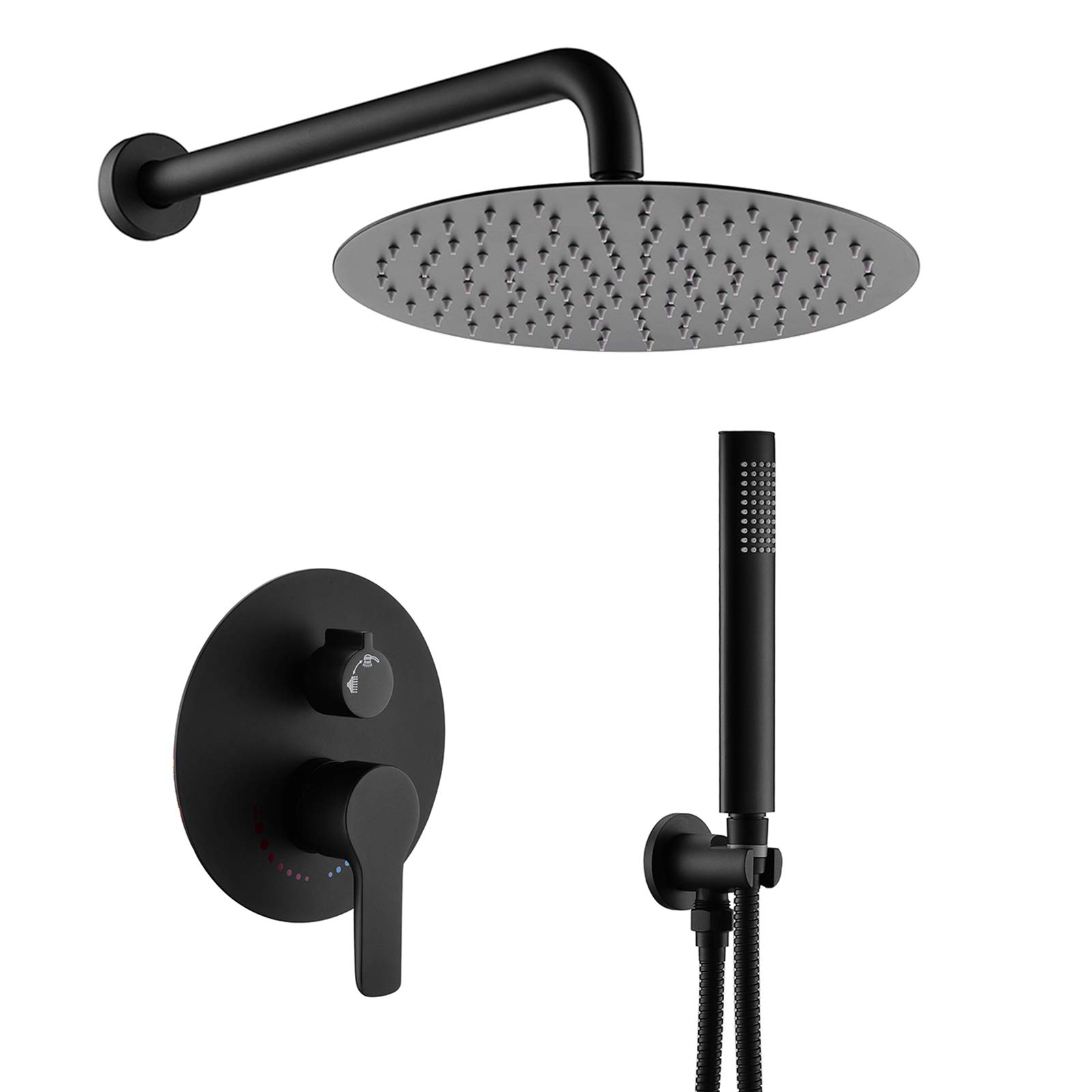 Matte Black Shower Faucet Set - 10 Inch Rainfall Shower Head with Handheld Sprayer, Wall Mounted Bathroom Shower System (Round Black Design + Rough Valve) - Perfect for Modern & Luxury Bathroom Renovations