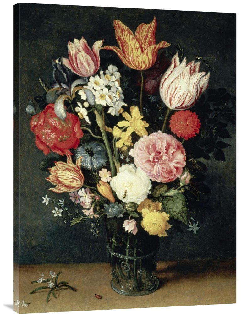 Balthasar Van Der Ast Tulips Roses and Flowers Glass Vase Canvas Wall Art Print - Gallery Wrap Giclee Reproduction - Perfect for Living Room, Bedroom, Office Decor