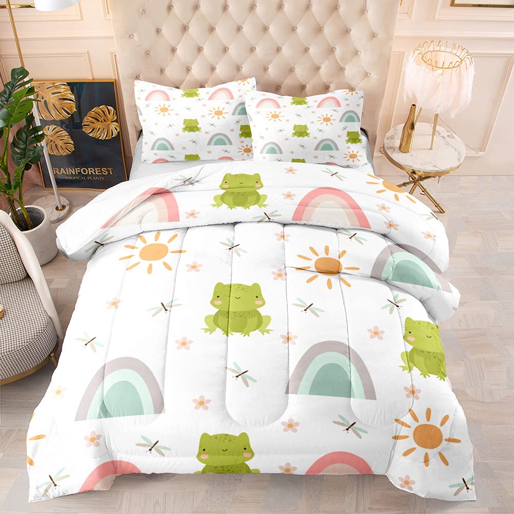 Cartoon Frogs Queen Size Quilt Set - Soft Kids & Adult Bedding Comforter with 2 Pillowcases | Sun Dragonfly & Little Flowers Pattern for Girls & Women | Perfect for Children's Bedroom, Dorm Room & Cozy Home Decor