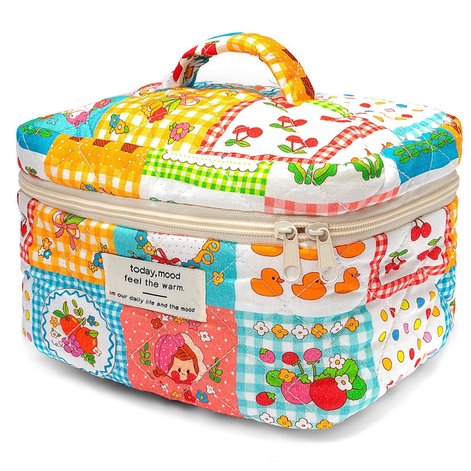 Large Cotton Makeup Bag for Women - Quilted Travel Cosmetic Pouch with Floral Design, Cute Coquette Aesthetic Toiletry Organizer | Perfect for Travel, Gym, and Daily Beauty Essentials Storage (Cute Flower Pattern)