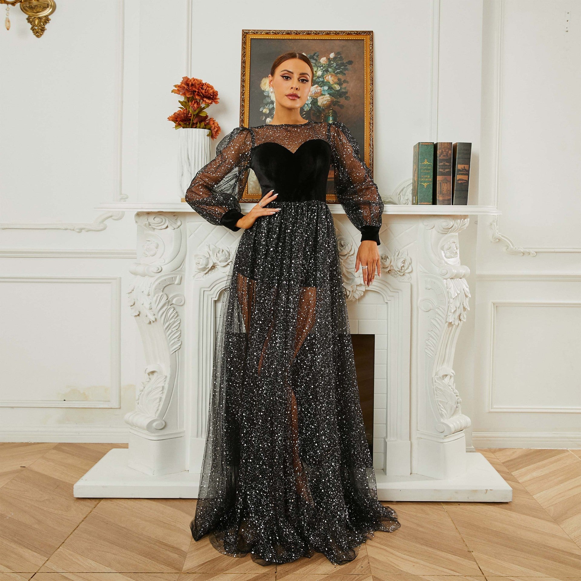 Elegant 2025 High-End Long Sleeve Crew Neck Sequin Mesh Evening Gown - Perfect for Banquets, Bridesmaids & Formal Occasions | Women's Party Dress for Weddings, Galas & Special Events