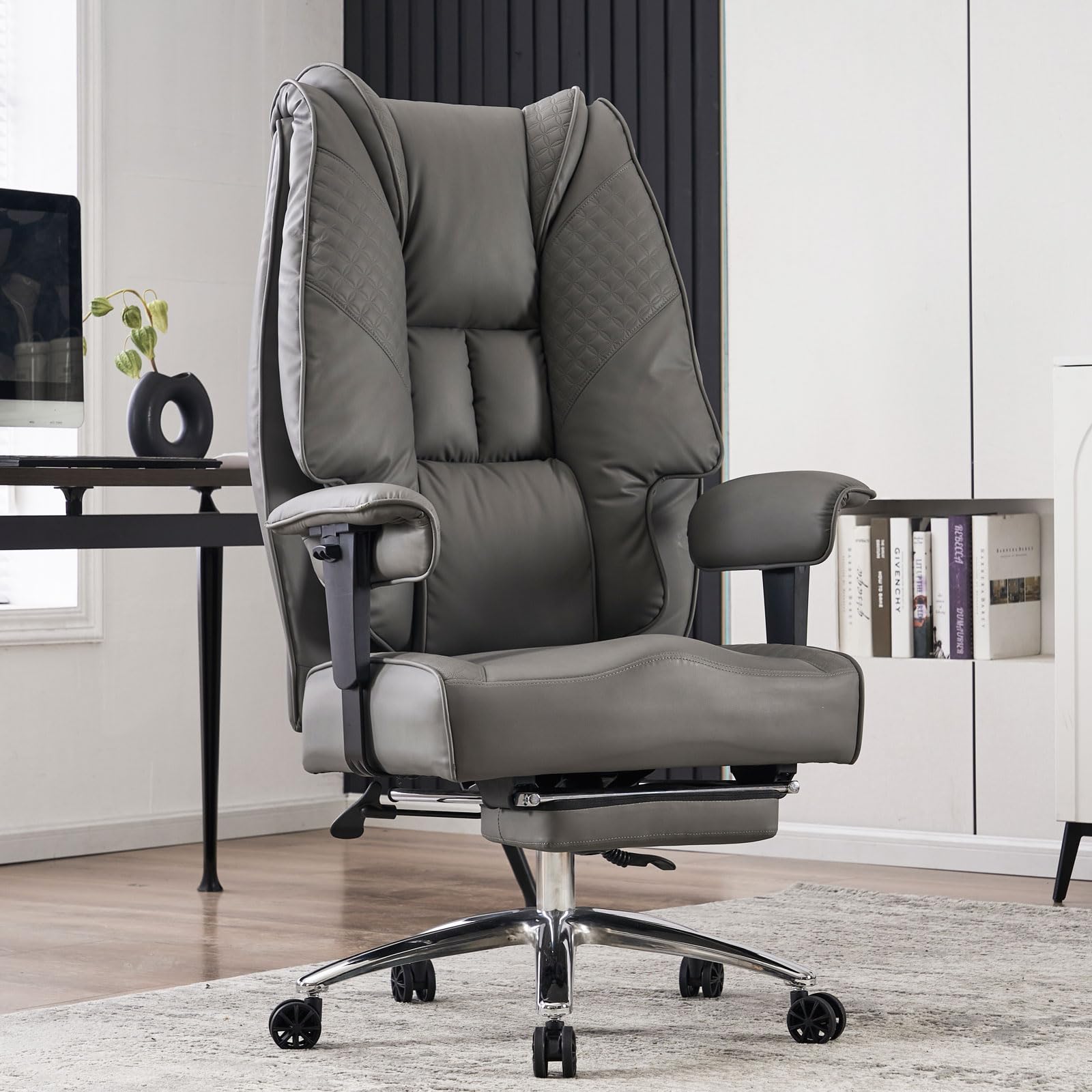 Big and Tall Office Chair for Heavy People 400lbs - Wide Seat Leather Executive Chair with High Back, Footrest & Lumbar Support - Ergonomic Computer Desk Chair for Back Pain Relief - Perfect for Home Office, Gaming & Workspace (Grey)