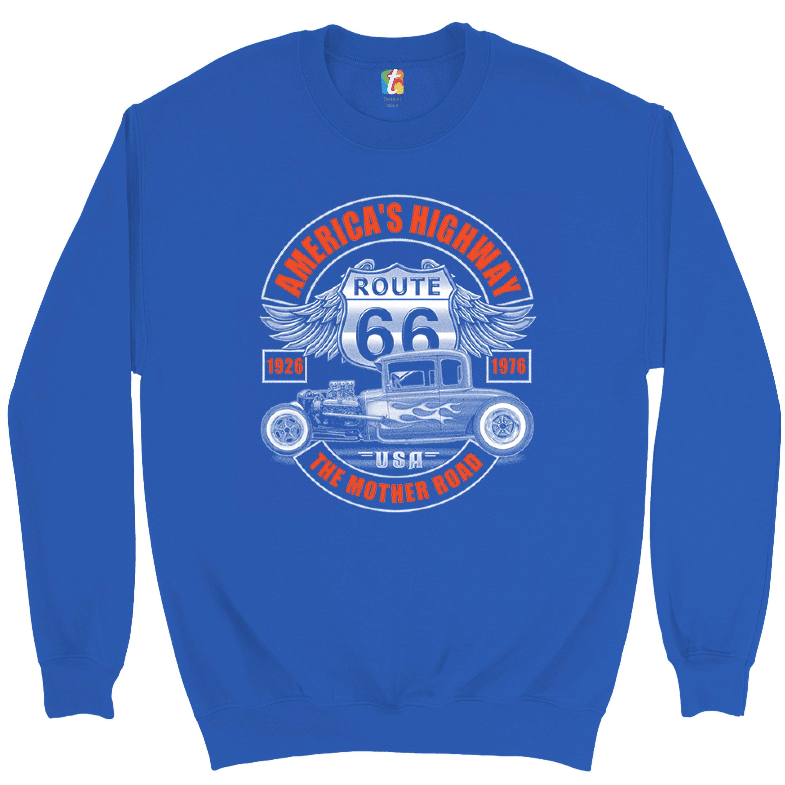 Vintage Route 66 Sweatshirt - The Mother Road America's Highway Hot Rod Crewneck Pullover for Road Trips & Classic Car Enthusiasts