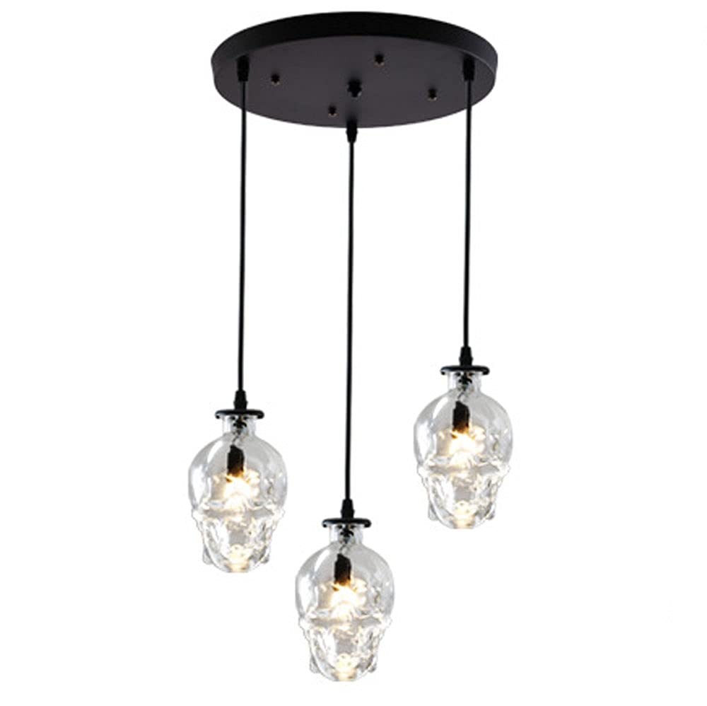 Vintage Skull Pendant Light - Adjustable 3-Light Glass Chandelier for Kitchen Island, Dining Room & Bar | Modern Retro Ceiling Hanging Fixture with Creative Personality Design