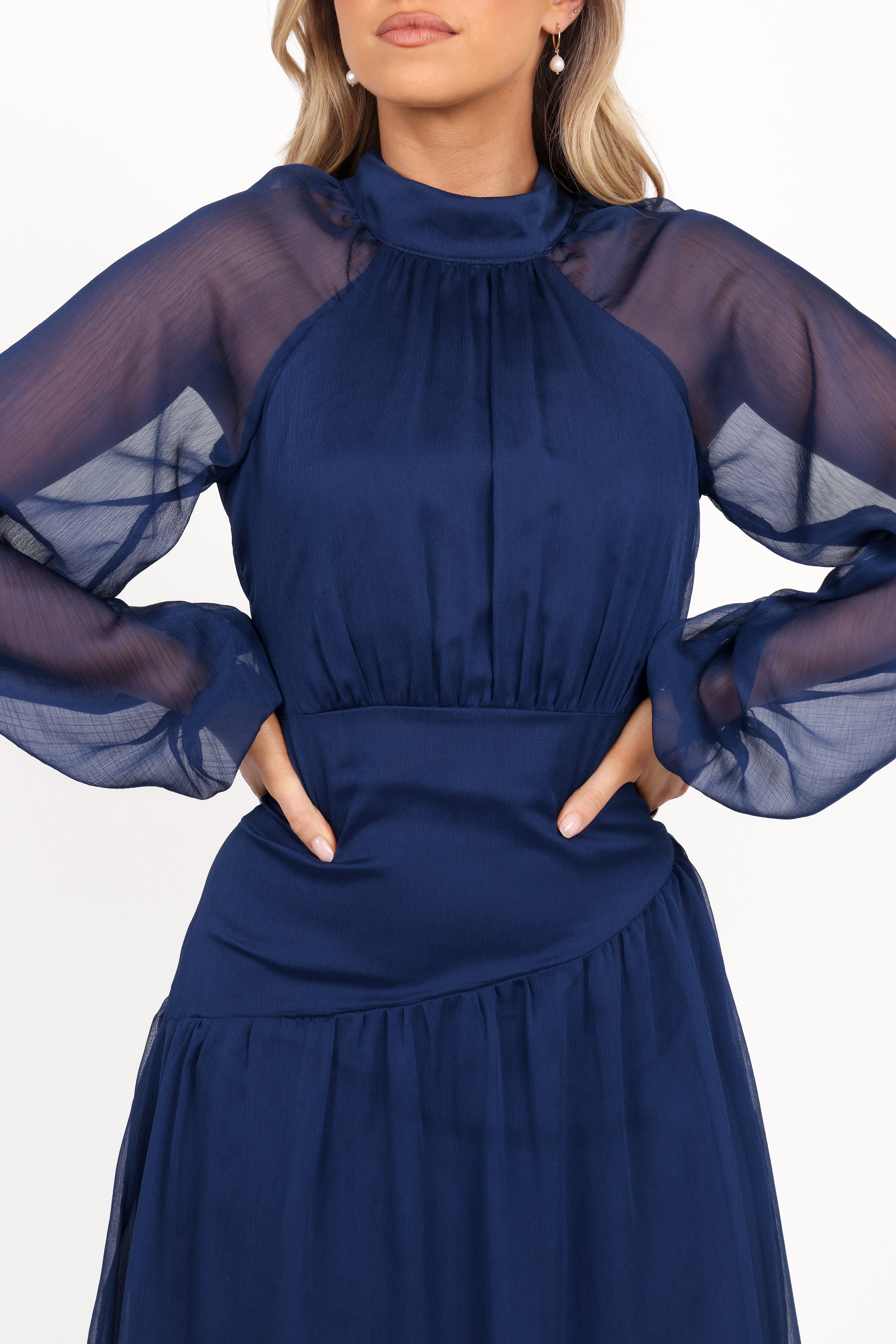 Julip Sheer Long Sleeve Maxi Dress for Women - Navy Blue Flowy Beach Cover Up Dress for Summer Vacation & Boho Party Wear