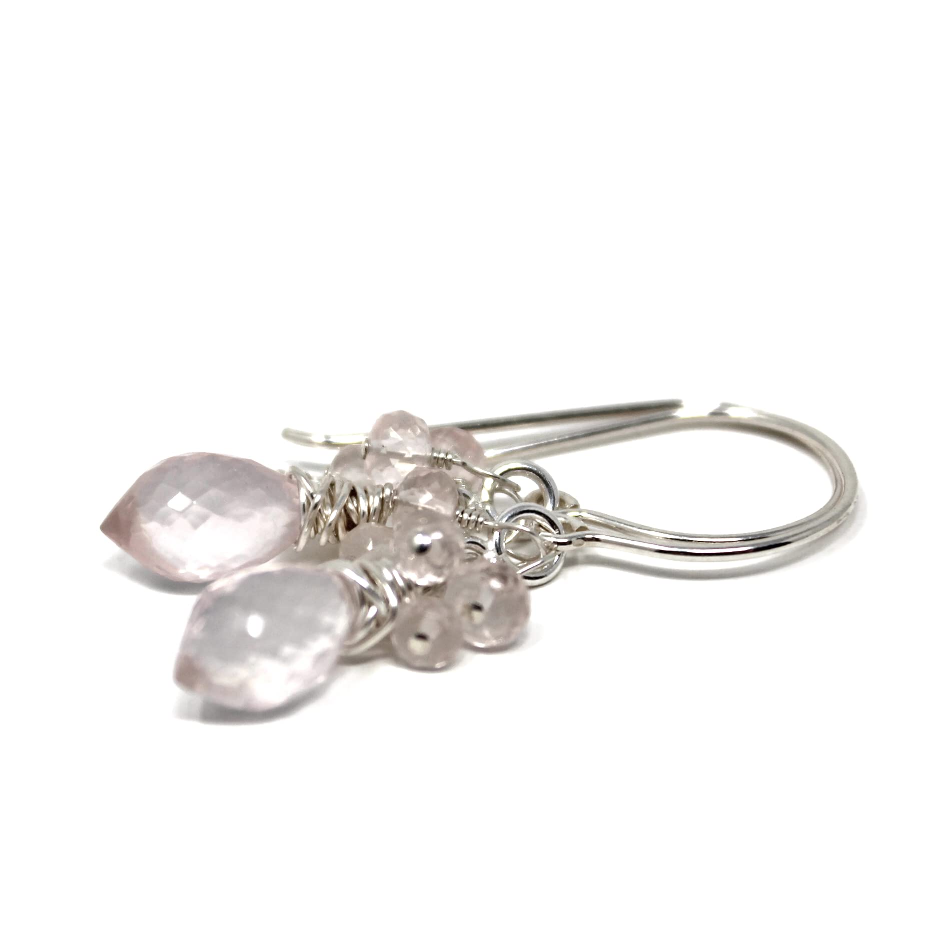 Handmade Rose Quartz Cluster Earrings - Sterling Silver 925 Hypoallergenic Jewelry for Women | Boho Chic Dangle Earrings for Date Night, Wedding & Special Occasions