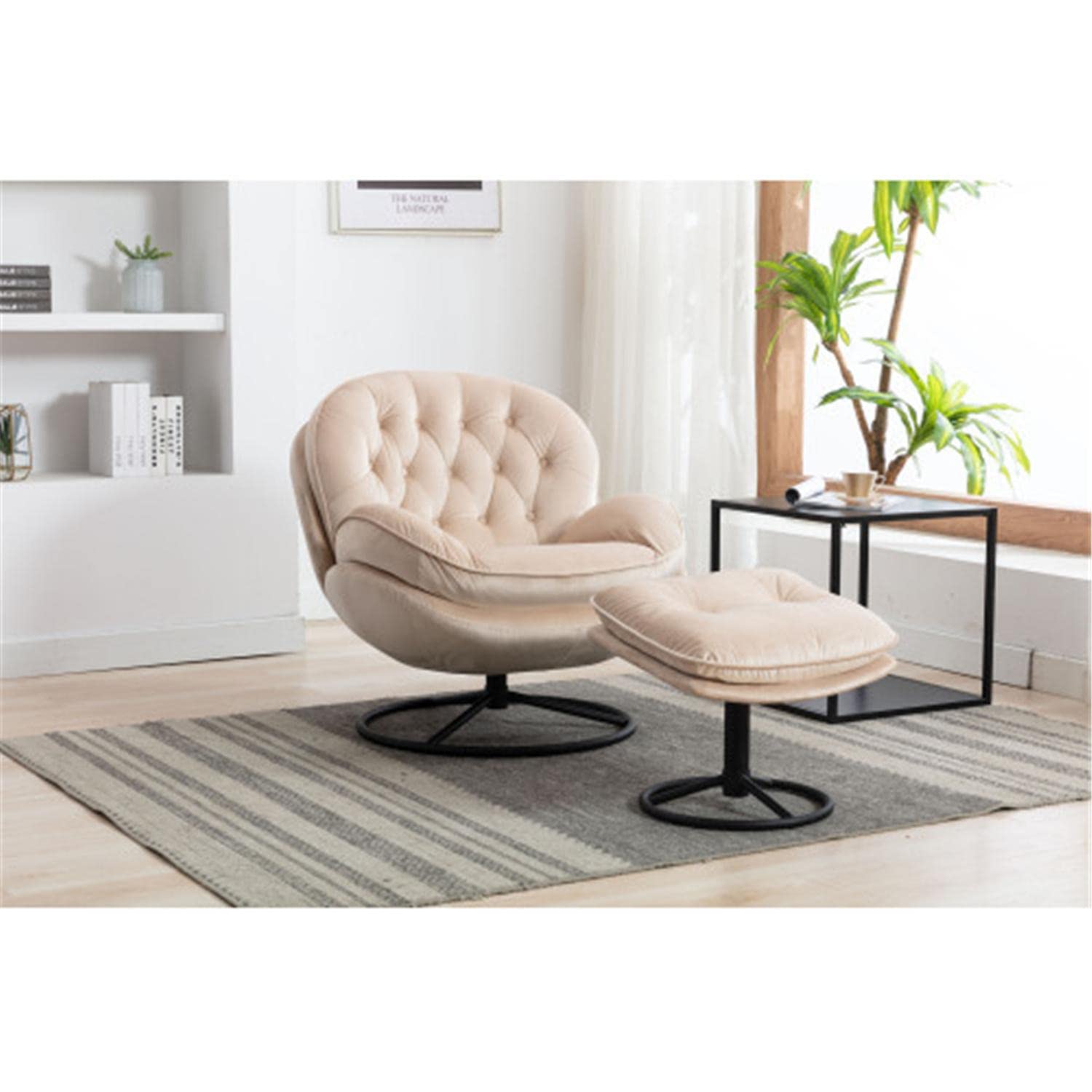 Velvet Swivel Accent Chair with Ottoman - Upholstered Lounge Chair with Footrest for Living Room, Bedroom or Office - Soft Beige Fabric Modern Comfort Chair