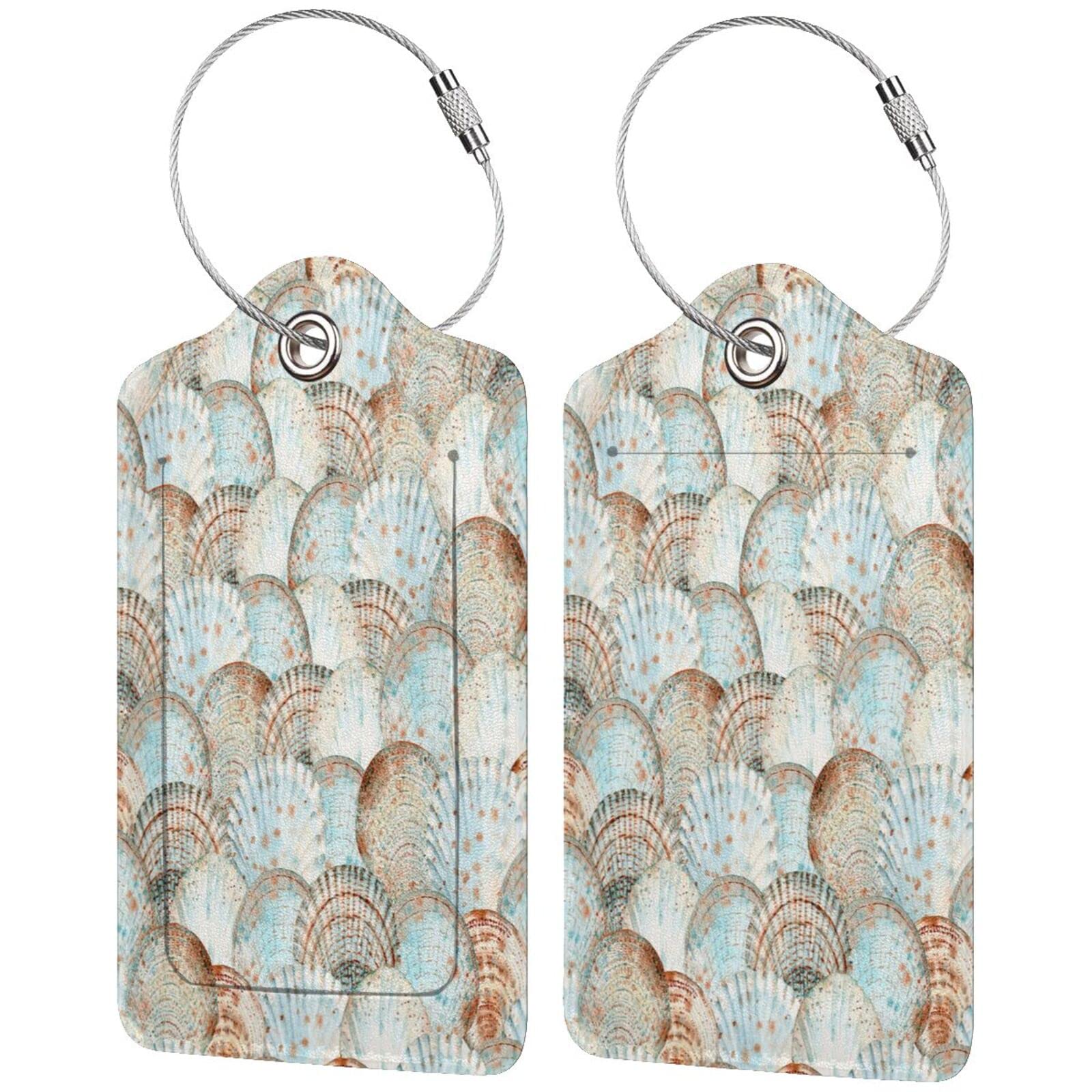 Wozukia Seashells Luggage Tag with Stainless Steel Loop - Abstract Watercolor Tropical Beach Design PU Leather Suitcase ID Tag for Women & Men Travel Accessories (1 Pack) - Perfect for Vacation, Cruise, and Airplane Luggage Identification
