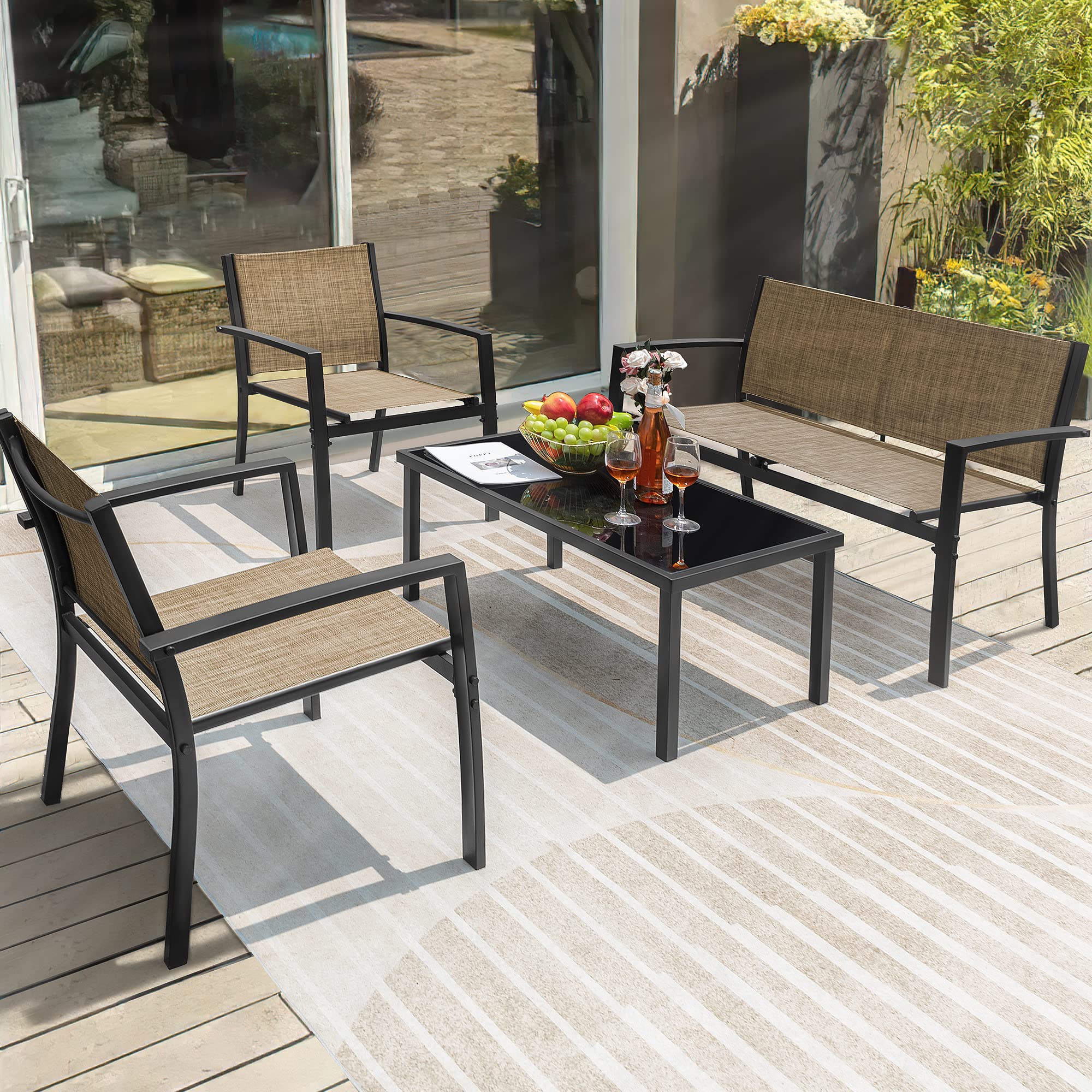 Flamaker 4-Piece Outdoor Patio Furniture Set - Modern Textilene Bistro Conversation Set with Loveseat & Tea Table in Yellow - Perfect for Home, Garden, Lawn, Balcony & Backyard Relaxation