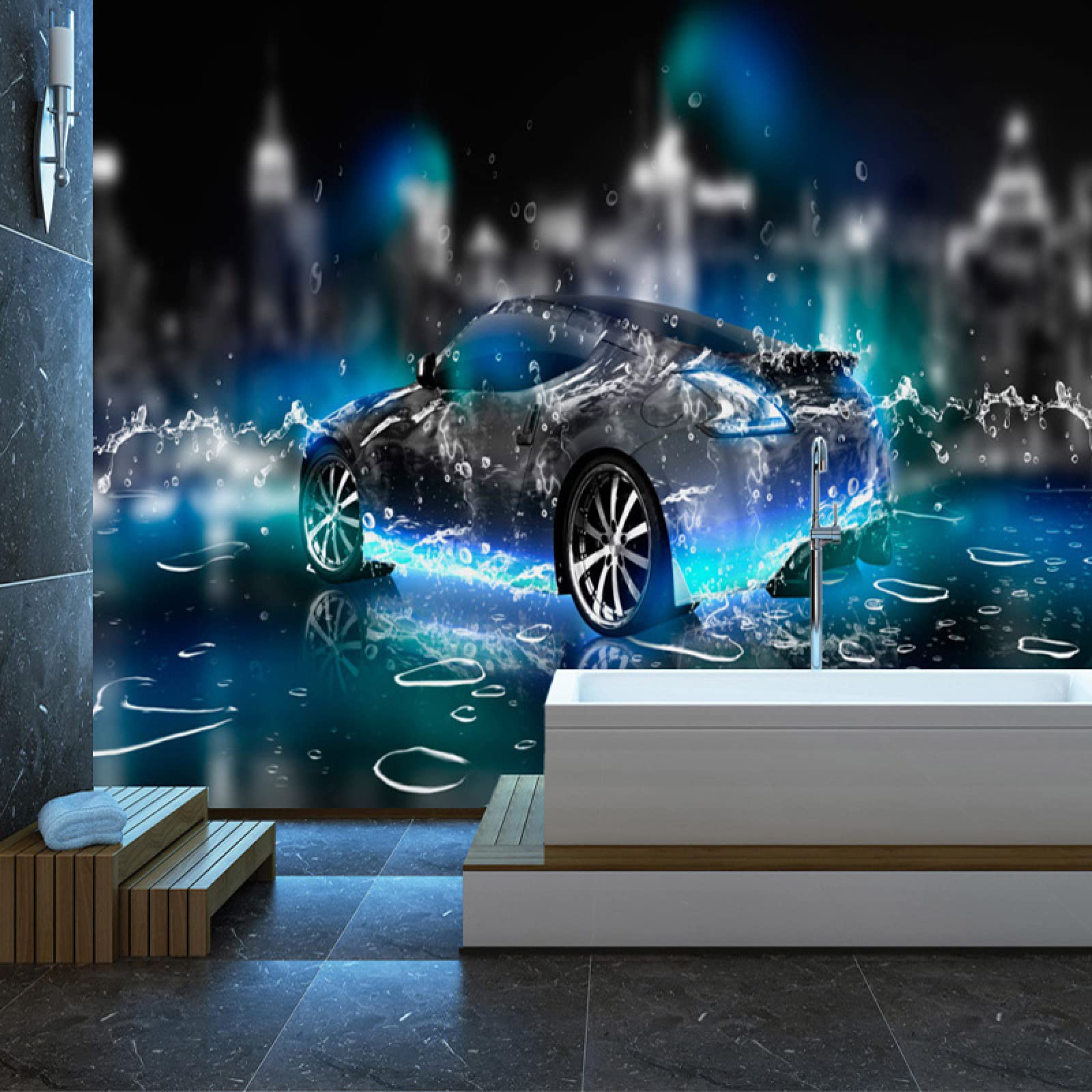 3D Modern Water Droplets Cool Sports Car Wall Mural - 157.5W x 110.3H Inch Photo Wallpaper for Living Room, Kids Bedroom & Nursery - Perfect for Boys' Room Decor, Teenager Bedroom & Game Room Wall Art