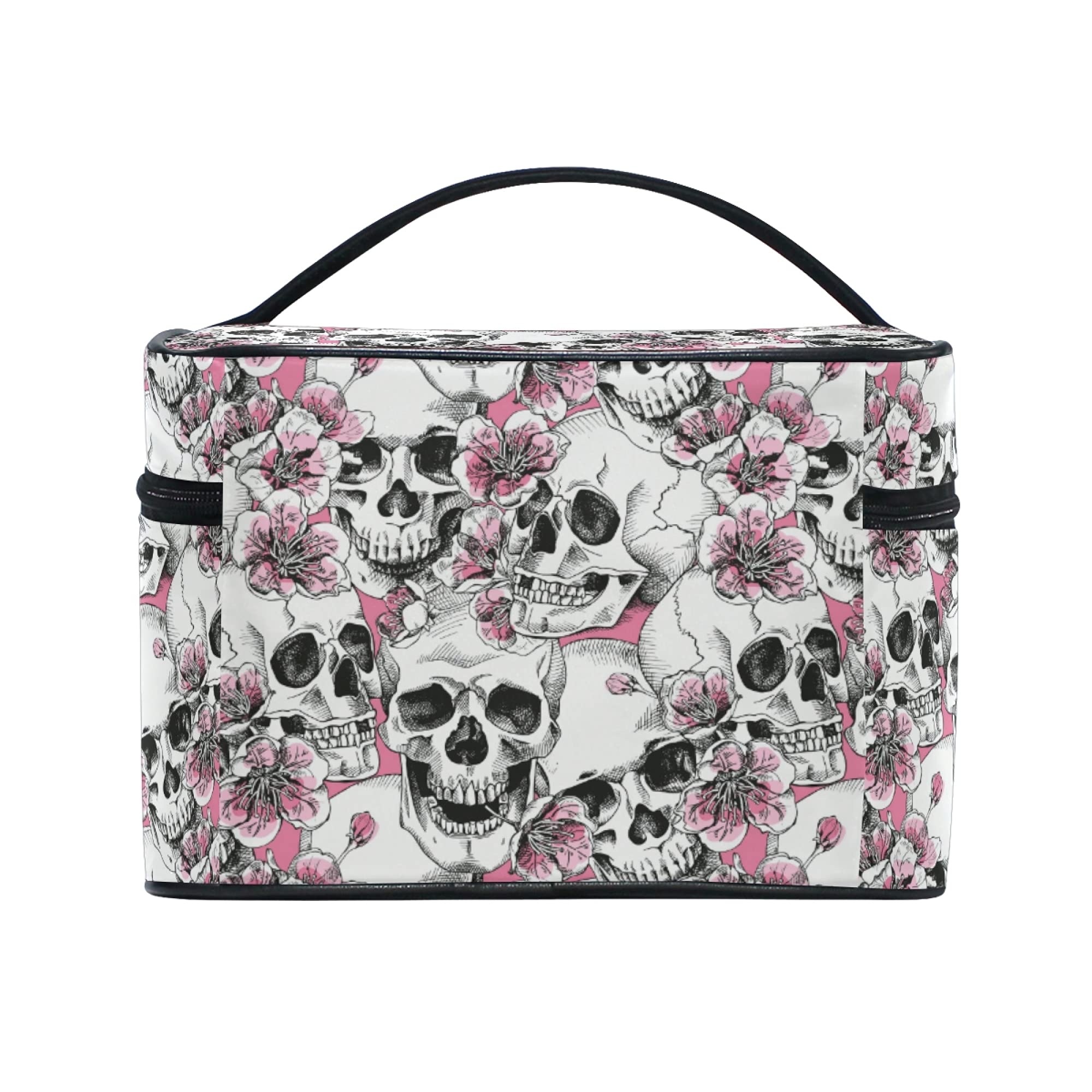 Gothic Skull Flower & Pink Cherry Makeup Bag - Travel Cosmetic Organizer for Women | Halloween, Party, Daily Use Toiletry Pouch