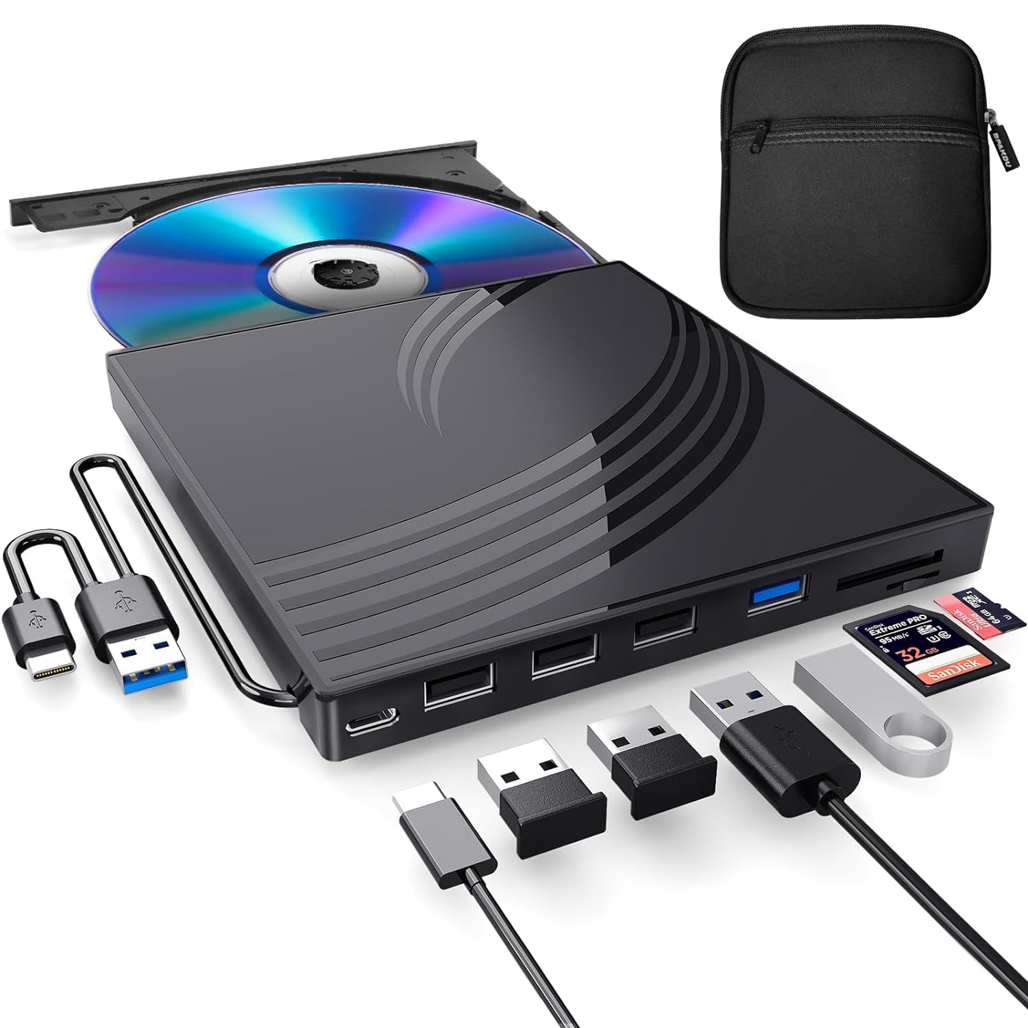 Portable External CD/DVD Drive for Laptop with Carrying Case, USB 3.0 DVD Burner, 4-Port Hub, TF/SD Card Reader, Compact CD Writer for Home, Office, and Travel Use