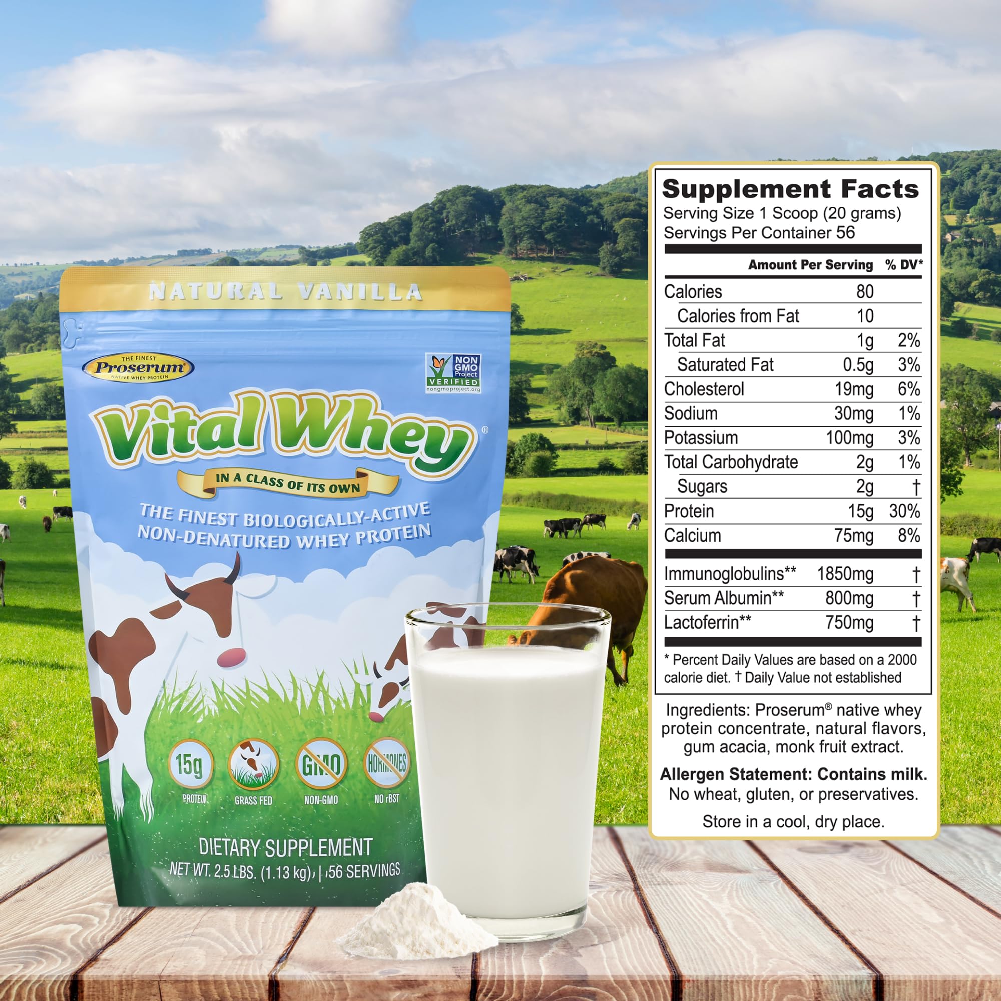 Grass-Fed Whey Protein Powder - Natural Vanilla Flavor 2.5lbs (56 Servings) | 15g Protein Per Serving | Immune Support & Muscle Recovery | Clean Holistic Nutrition for Fitness, Post-Workout & Healthy Lifestyle
