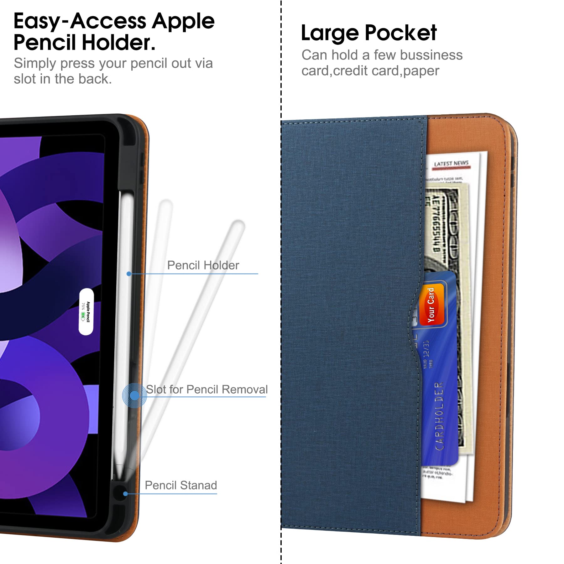 Premium iPad Pro 12.9 Case (2022/2021/2020/2018) - 6th/5th/4th/3rd Gen Protective Cover with Pencil Holder, Folio Stand, Auto Sleep/Wake & Multiple Viewing Angles - Blue/Brown - Perfect for Work, Study & Travel