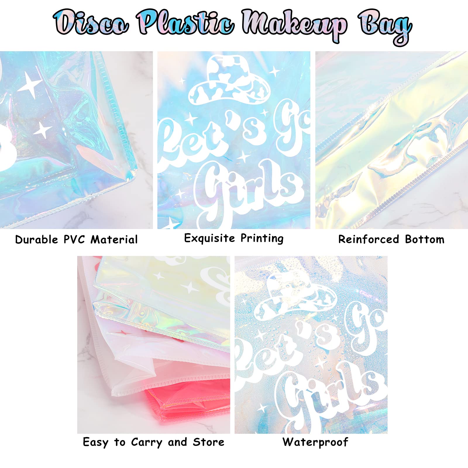 7 Pcs Retro Disco Cowgirl Makeup Bags - Holographic Cosmetic Bags with Zipper for Bachelorette Party, Girls Trip & Gift Ideas | Perfect for Travel, Bridal Showers & Festival Essentials