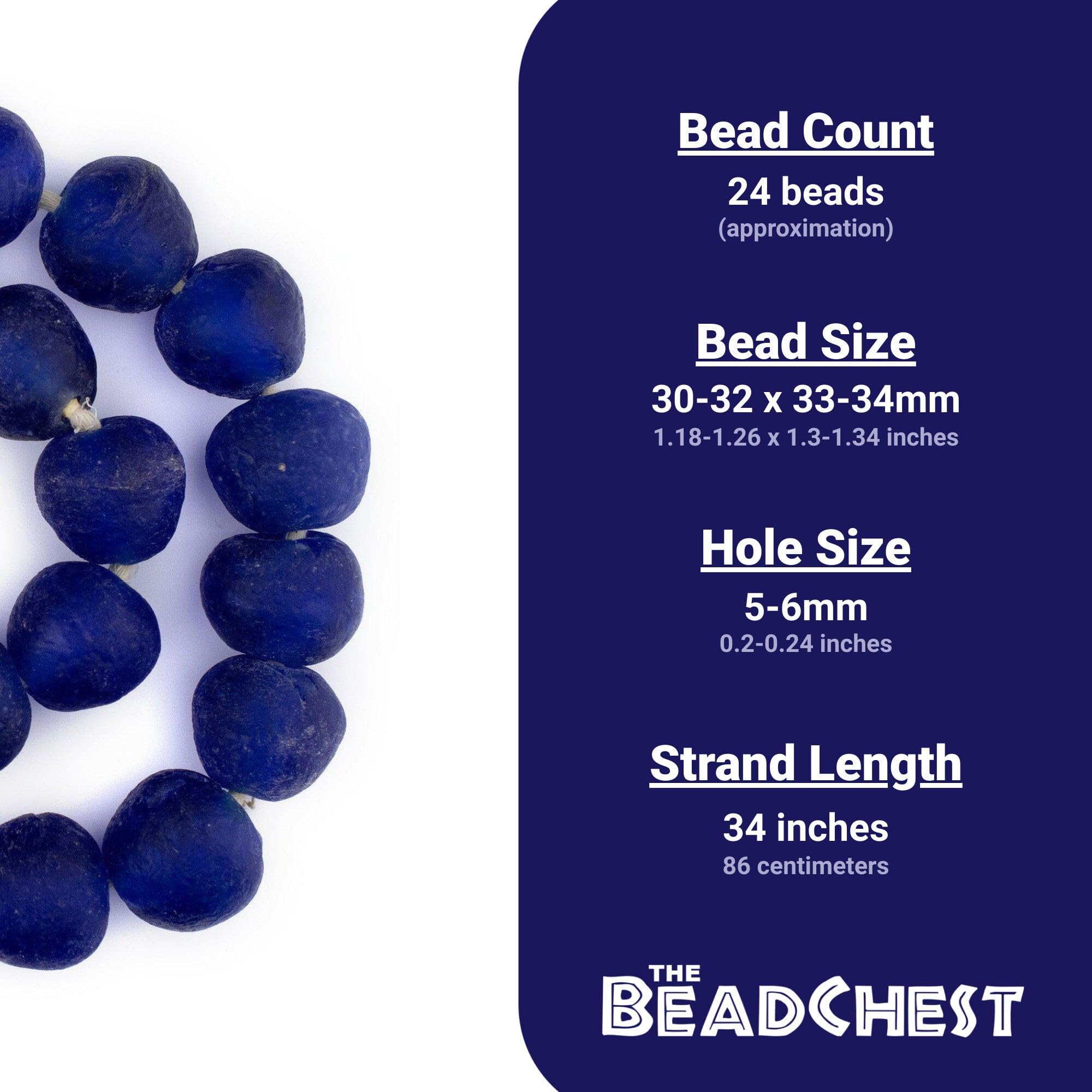 Recycled Glass Beads 32-35mm - Extra Large African Sea Glass Beads for Wall Hangings, Jewelry Making & DIY Crafts - Cobalt Blue Beaded Decor - The Bead Chest