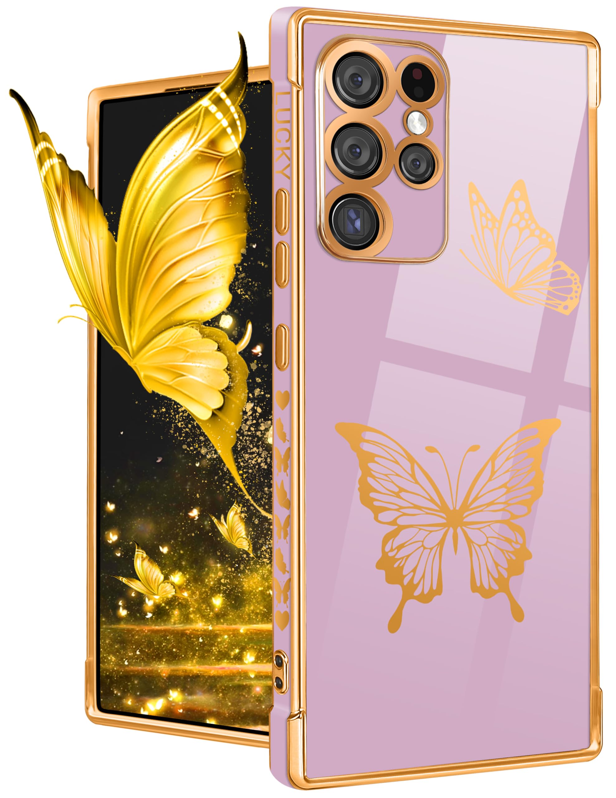 Elegant Purple & Gold Butterfly Samsung Galaxy S23 Ultra Case - Luxury Aesthetic Phone Cover for Women (6.8
