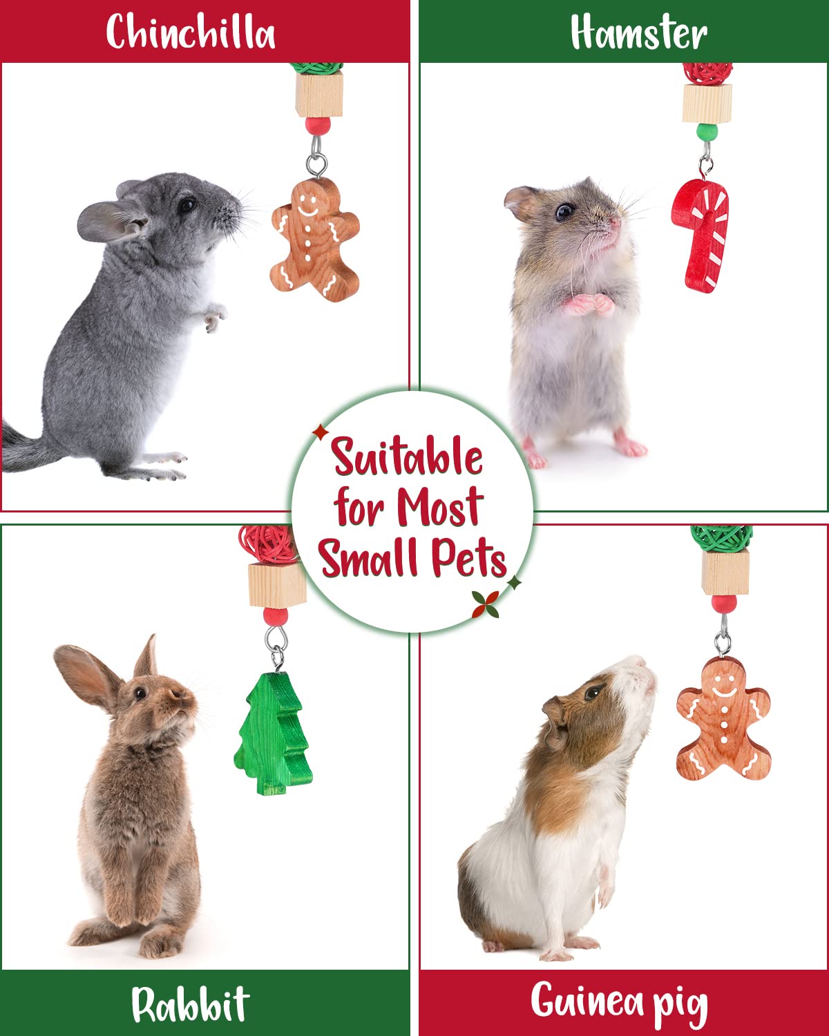 Xylolfsty Christmas Small Pet Toys - 3PCS Guinea Pig, Bunny Rabbit, Hamster & Chinchilla Chew Toys with Candy Cane & Gingerbread Tree Design for Teeth Grinding - Festive Cage Hanging Accessories & Holiday Gifts for Small Animals (Perfect for Christmas Decor & Pet Enrichment)