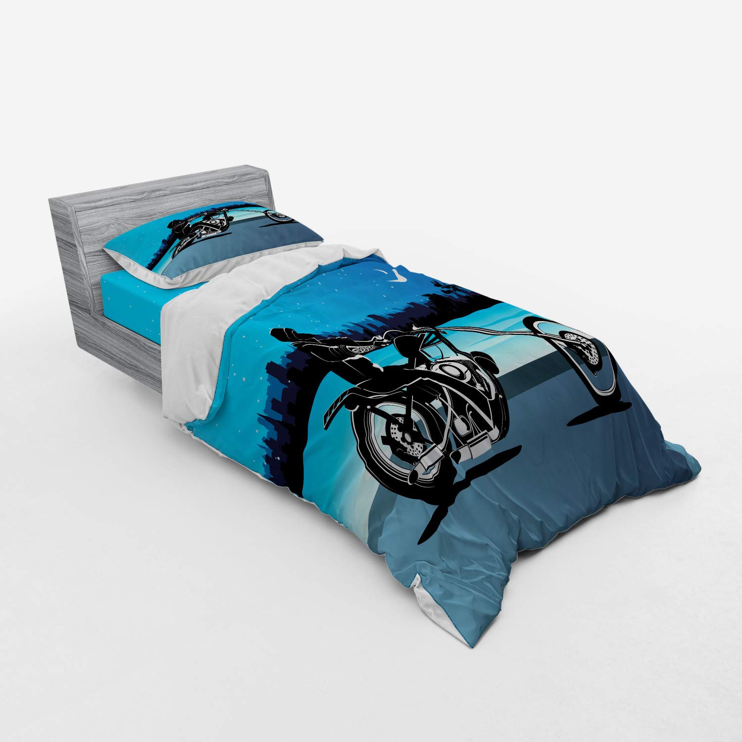 Ambesonne Motorcycle Duvet Cover Set - 3 Piece Twin Size Chopper Motorcycle Biker Design with Starry Night Sky Cityscape Silhouette - Black Navy Bedding Set for Biker Enthusiasts - Perfect for Motorcycle Themed Bedrooms and Gift for Biker Lovers