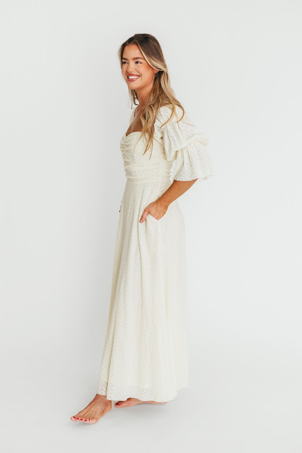 Corrine Tiered Sleeve Maxi Dress with Pockets in Butter Yellow - Bump Friendly Maternity Dress for Women | Perfect for Baby Showers, Beach Vacations & Summer Weddings