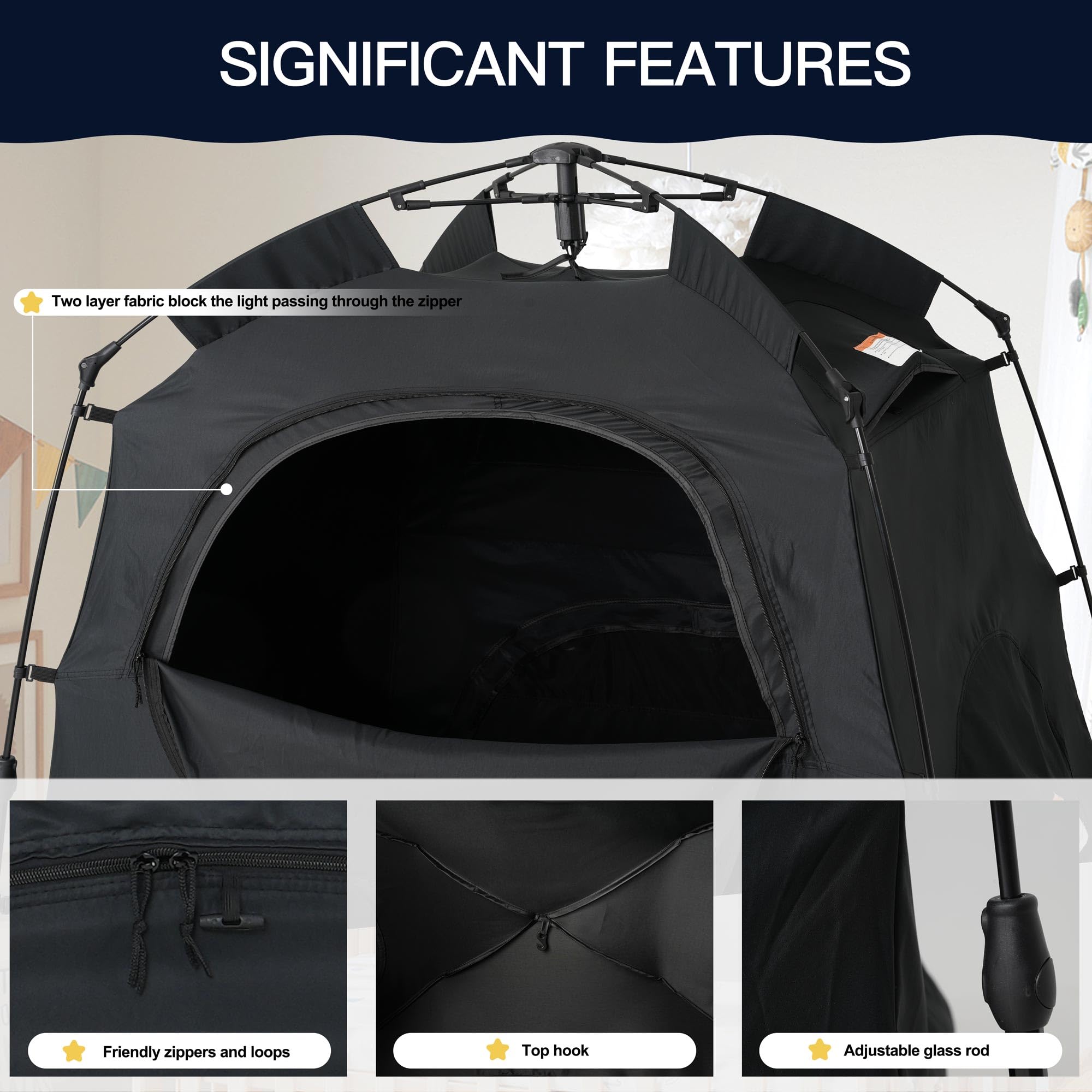 Porayhut Baby Blackout Sleep Tent - 95% Light Blocking Travel Crib Cover for Pack and Play, Portable Sleeping Pod with Breathable Mesh Windows, Monitor & Fan Pockets - Perfect for Toddlers, Kids, Travel, Camping & Nursery Use
