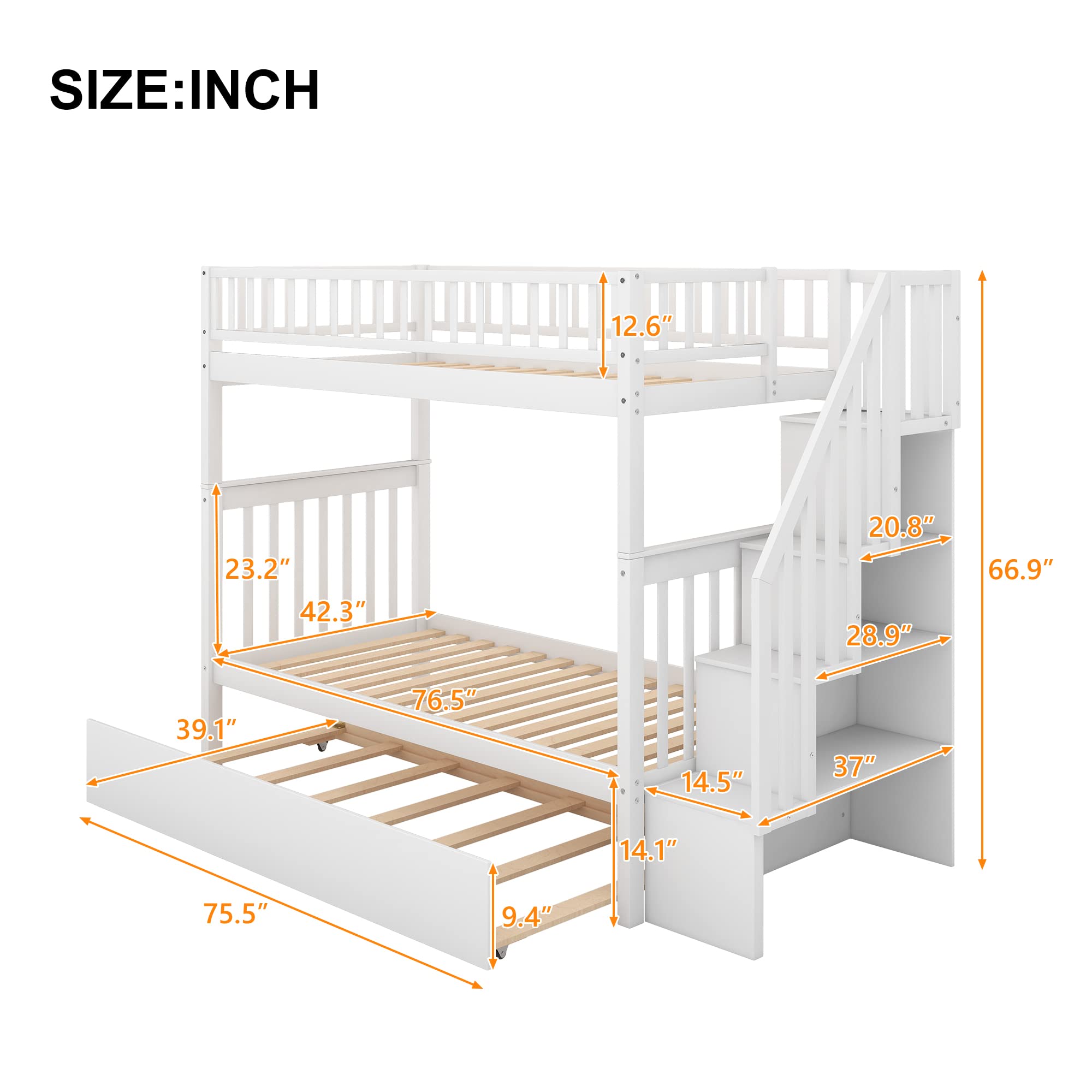 Harper & Bright Designs Twin Over Twin Bunk Bed with Trundle, Storage Shelf & Stairway - Solid Wood Kids & Teen Bunk Bed with Full-Length Guard Rail - Perfect for Small Bedrooms, Shared Kids Rooms & Sleepovers (White)