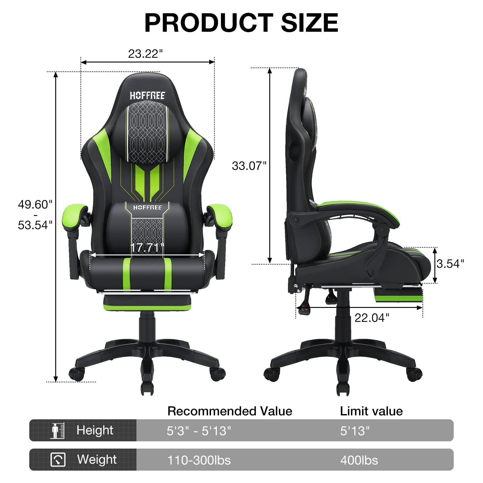 HOFFREE LED Gaming Chair with Massage & Speakers - Big and Tall Reclining Computer Desk Chair with Footrest - Supports 400lbs - Green and Black - Perfect for PC Gaming, Office Work, and Home Entertainment