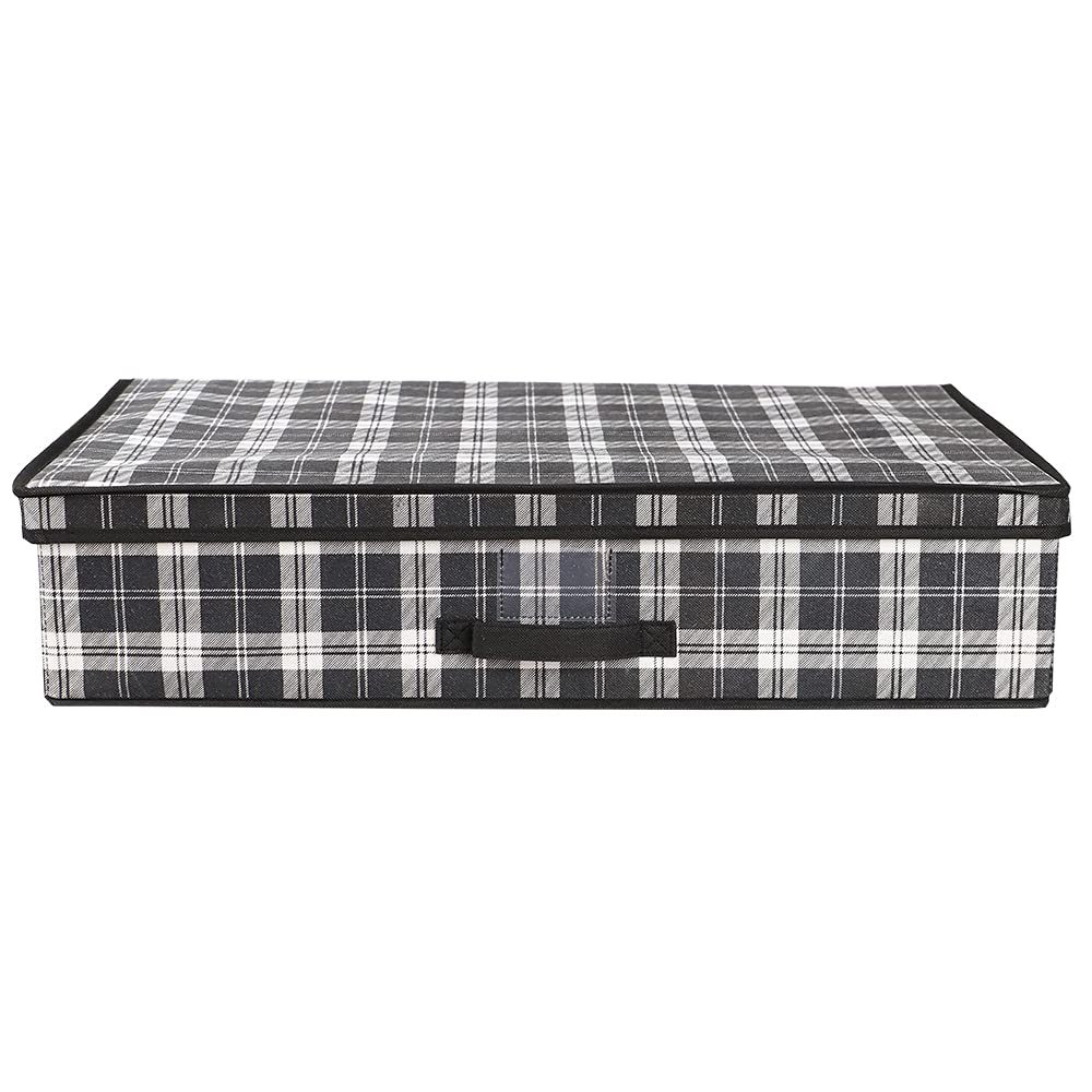 Breathable Non-Woven Fabric Under Bed Storage Box with Label Window | White Black & Grey Plaid Design | Sturdy Fiberboard Construction for Home Organization | Perfect for Seasonal Clothes, Blankets & Bedding Storage