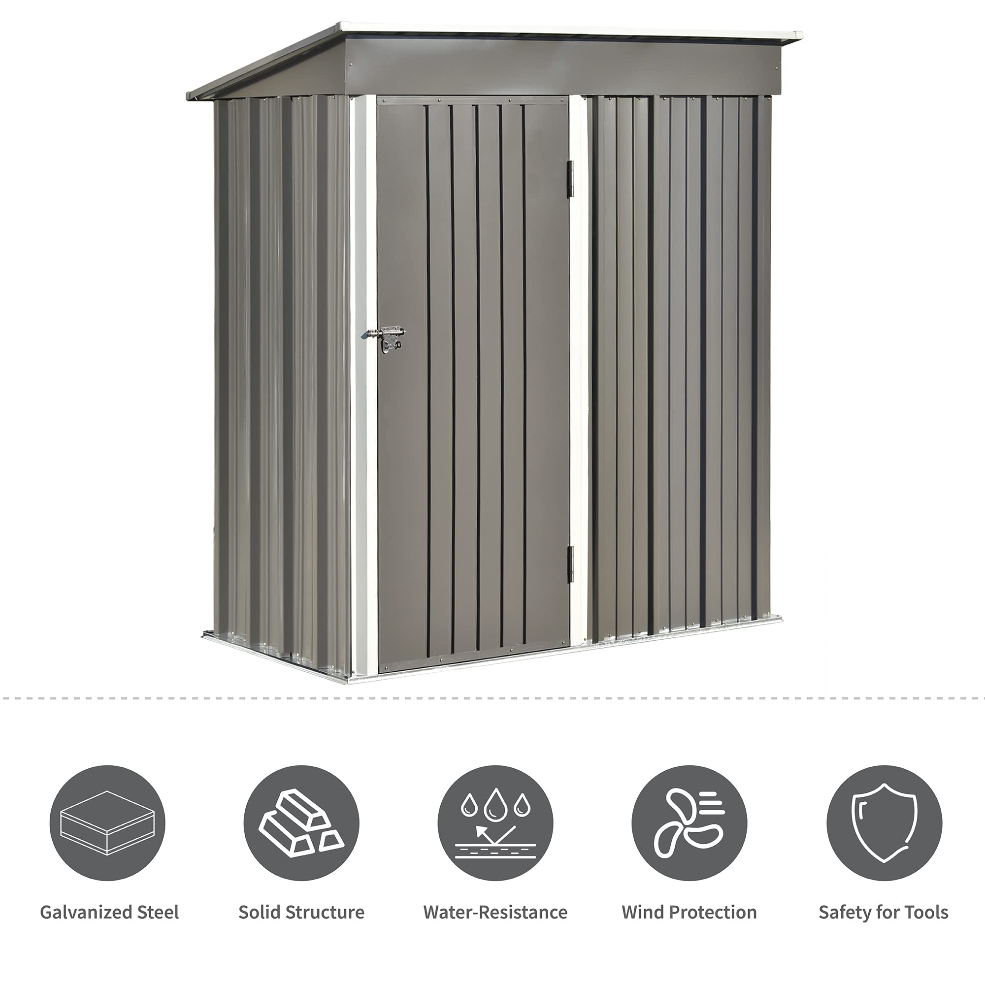 5x3 FT Galvanized Metal Outdoor Storage Shed - Lockable Lean-to Tool Cabinet for Patio, Backyard, Lawn & Garden | Weatherproof Gray Shed for Yard Equipment, Gardening Tools & Outdoor Storage