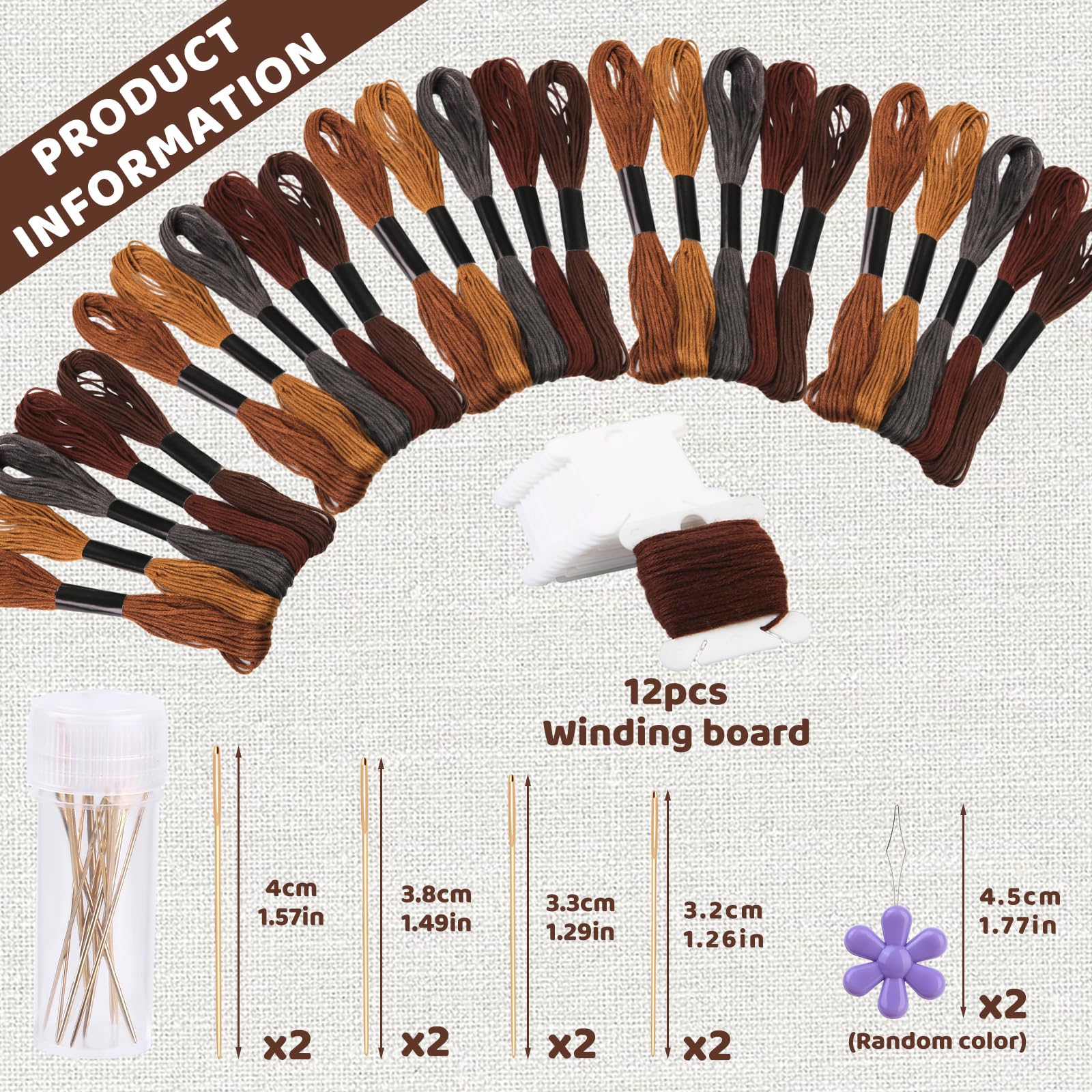 Premium Brown Series Embroidery Cross Stitch Floss Kit - 50 Colors Cotton Thread Set with Plastic Bobbins, Needle Threader & Sewing Needles - Perfect for DIY Embroidery, Cross Stitch Projects & Handmade Crafts