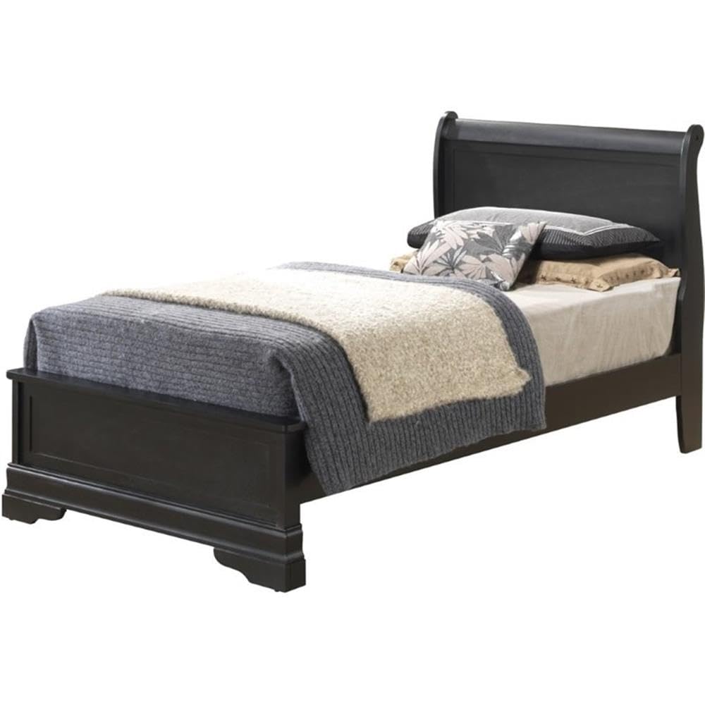 Glory Furniture Louis Phillipe Twin Panel Bed in Black - Elegant Wooden Bed Frame for Bedroom, Guest Room or Kids Room