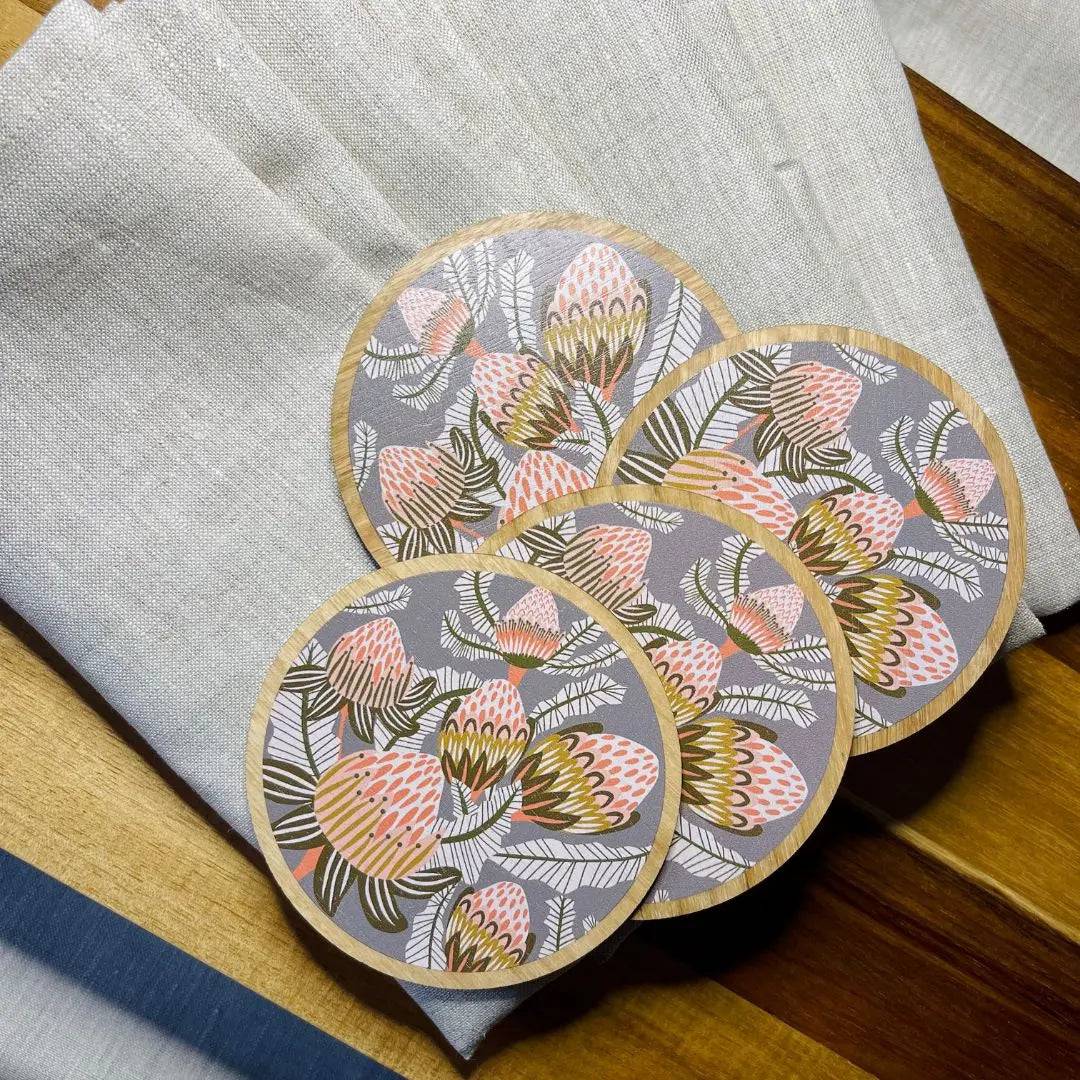 Bush Proteas Coaster and Napkin Set - 4-Piece Elegant Table Setting for Dining Room, Kitchen, or Outdoor Entertaining