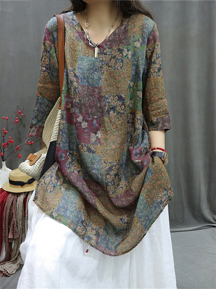 Plus Size Women's Summer Retro Spliced V-Neck Loose Long Shirt - Casual Beach Cover Up & Boho Fashion Tunic Top