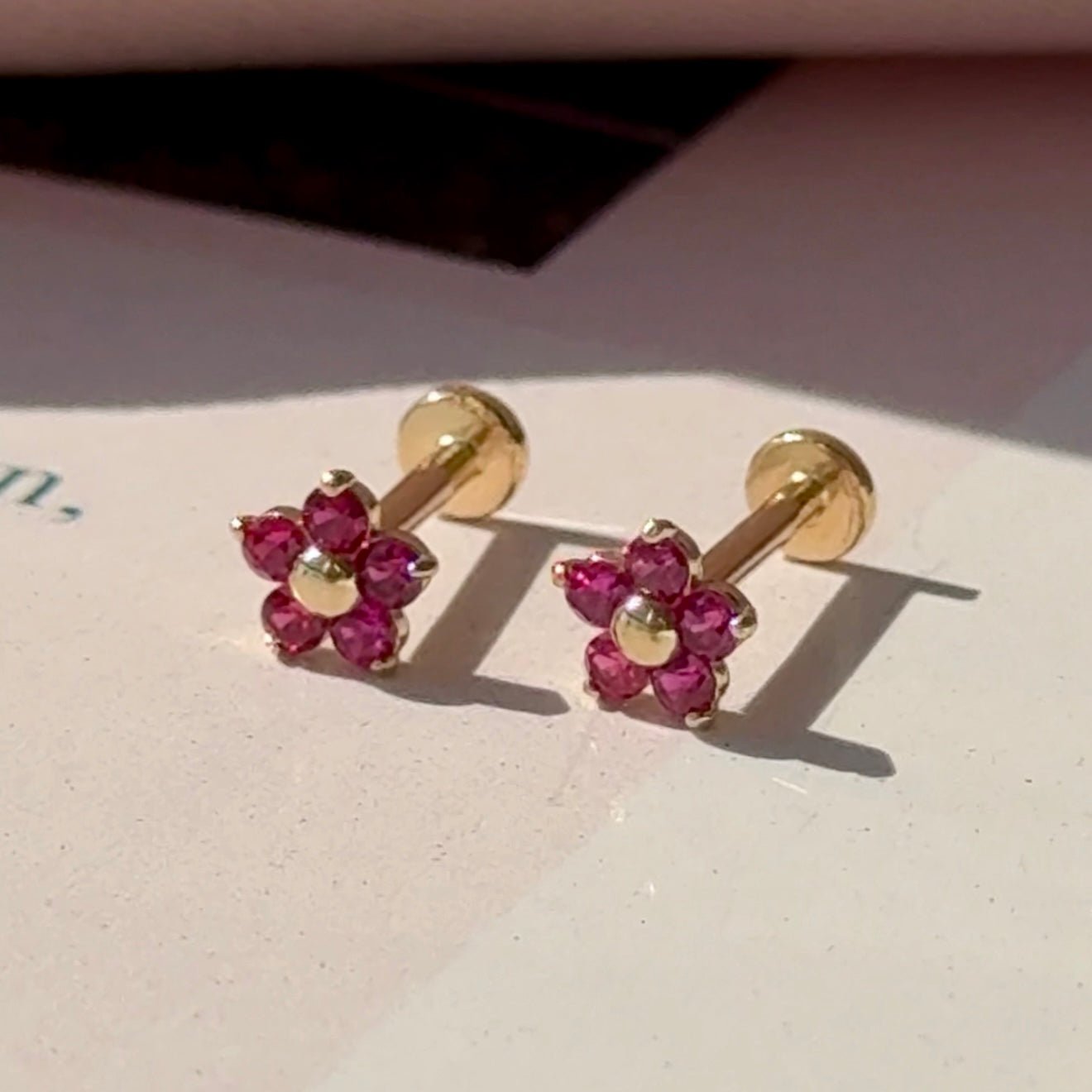 14K Solid Yellow Gold Ruby Flower Stud Earrings for Women - Elegant Floral Jewelry for Daily Wear, Parties & Special Occasions