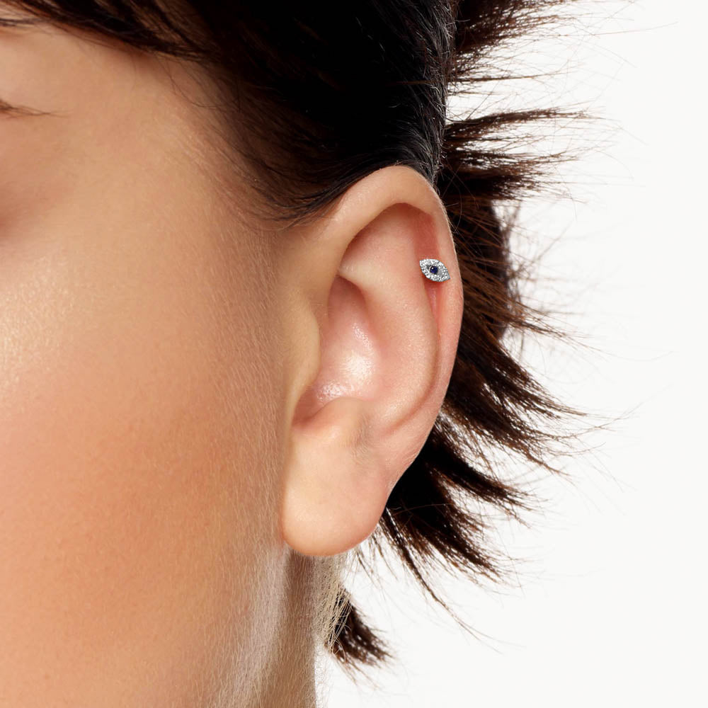 Evil Eye Diamond Helix Single Stud Earring in Sterling Silver - Perfect for Everyday Wear & Spiritual Protection