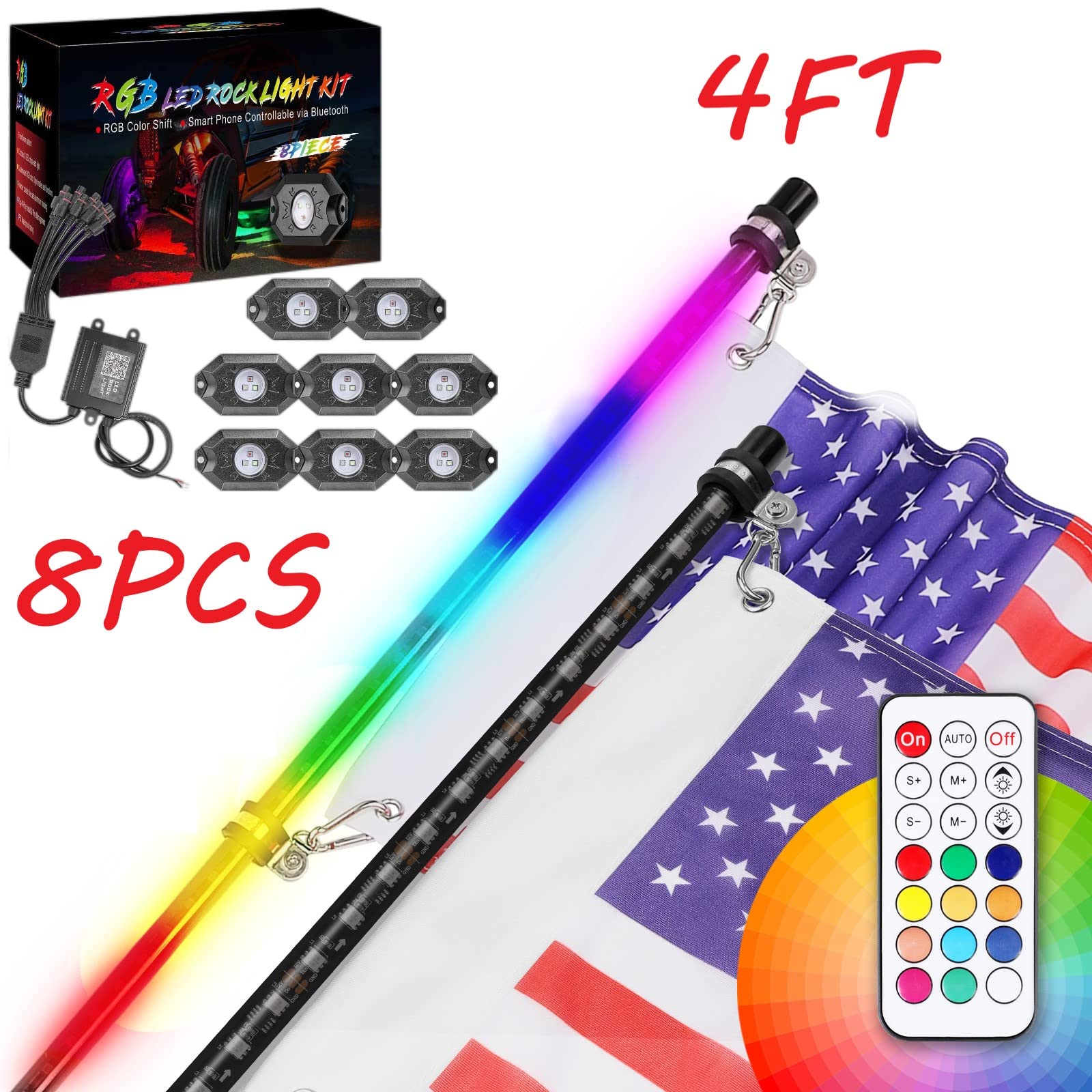 2PCS 4FT RGB LED Whip Lights with Bluetooth Control - 8 Pods Rock Light Kit for ATV UTV Truck RZR 4X4 Off-Road Vehicles | Perfect for Night Rides, Off-Road Adventures & Car Shows