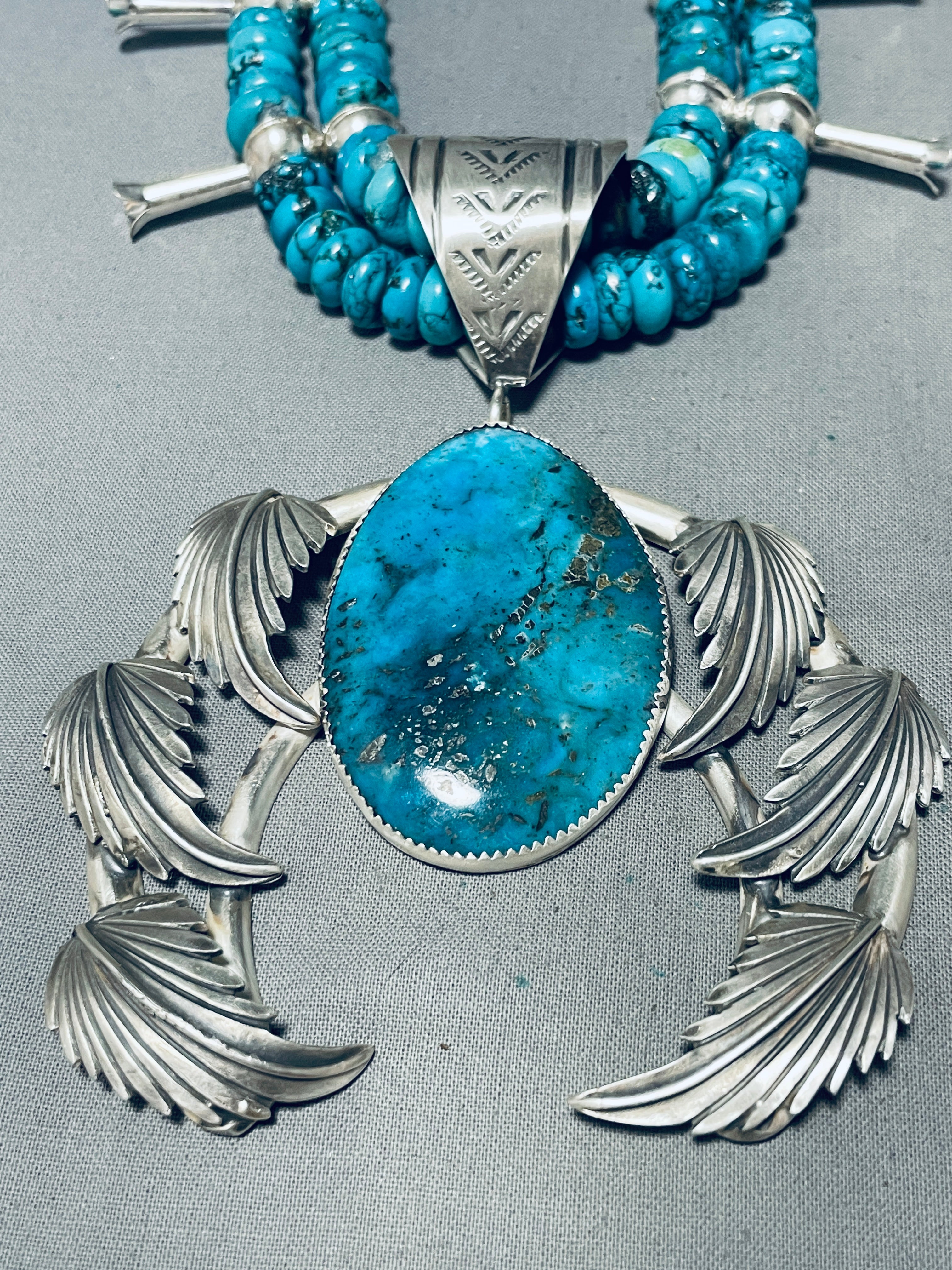 202 Gram Authentic Native American Navajo Turquoise Sterling Silver Squash Blossom Necklace - Handcrafted Jewelry for Women, Boho Fashion & Special Occasions