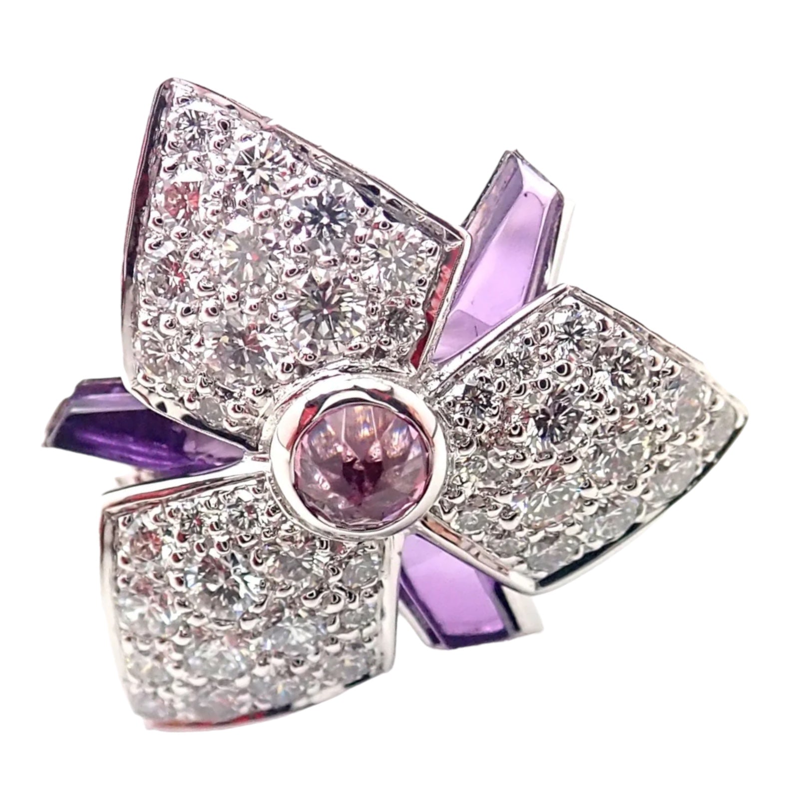 Cartier Caresse D'orchidées 18K White Gold Diamond Amethyst Orchid Flower Ring - Elegant Jewelry for Weddings, Anniversaries & Special Occasions